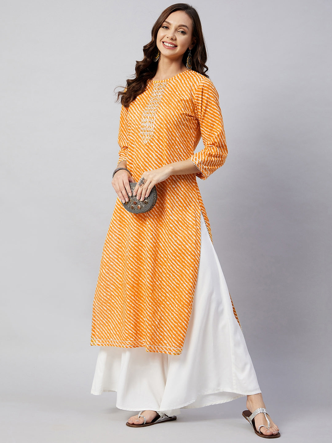 InWeave Women's Mustard Lehriya Work Kurta - Swadesiicart