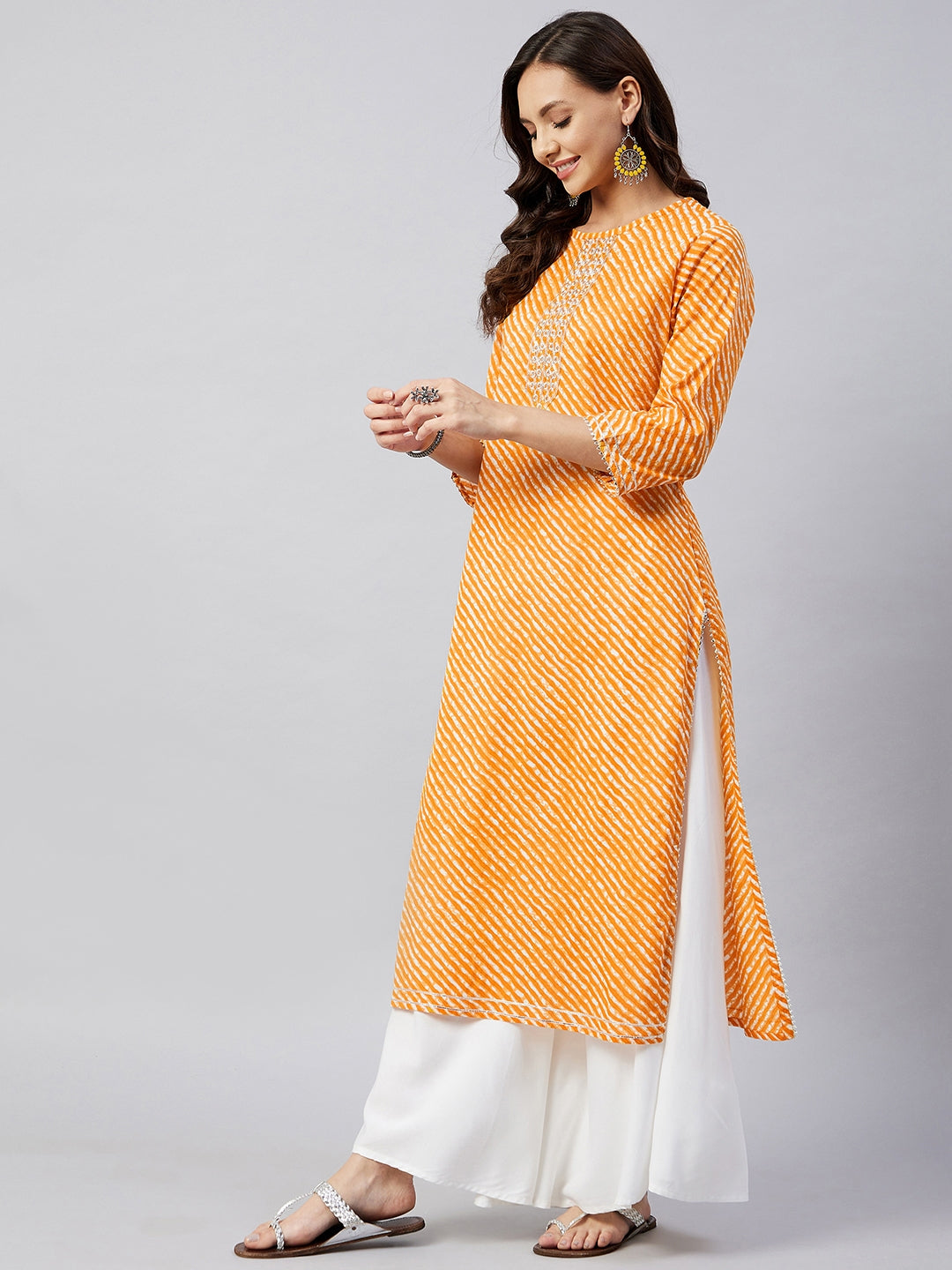 InWeave Women's Mustard Lehriya Work Kurta - Swadesiicart