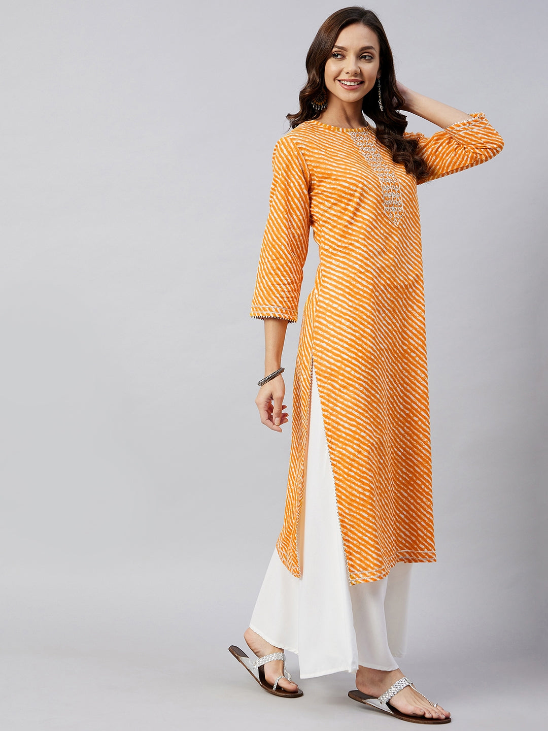 InWeave Women's Mustard Lehriya Work Kurta - Swadesiicart