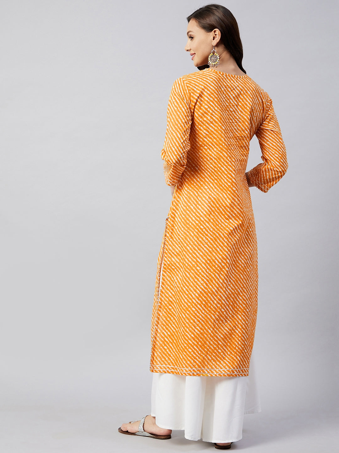 InWeave Women's Mustard Lehriya Work Kurta - Swadesiicart