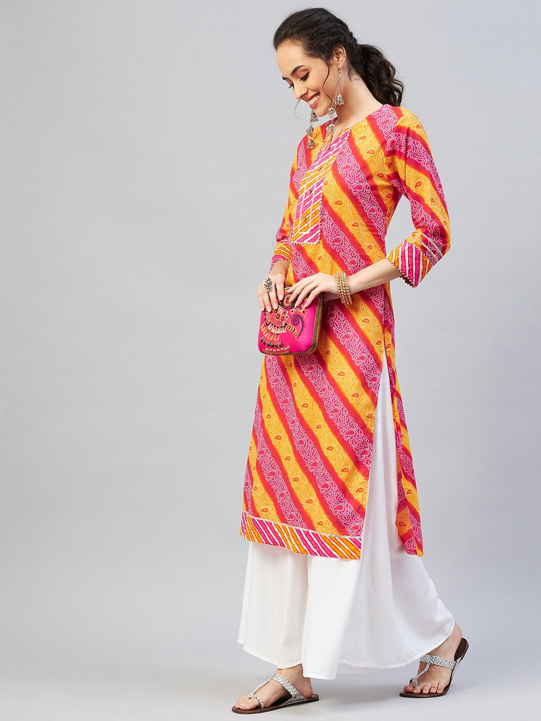 InWeave Women's Pink Mustard Lehriya Straight Kurta - Swadesiicart