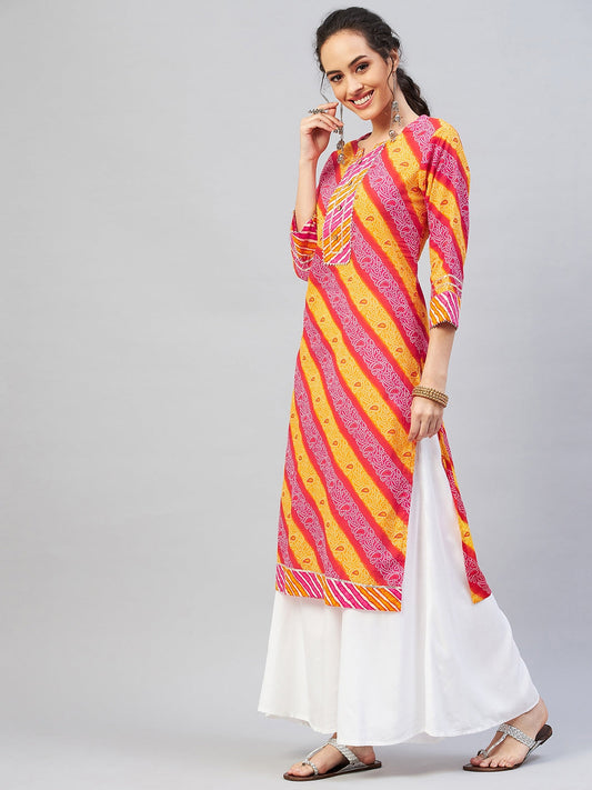 InWeave Women's Pink Mustard Lehriya Straight Kurta - Swadesiicart