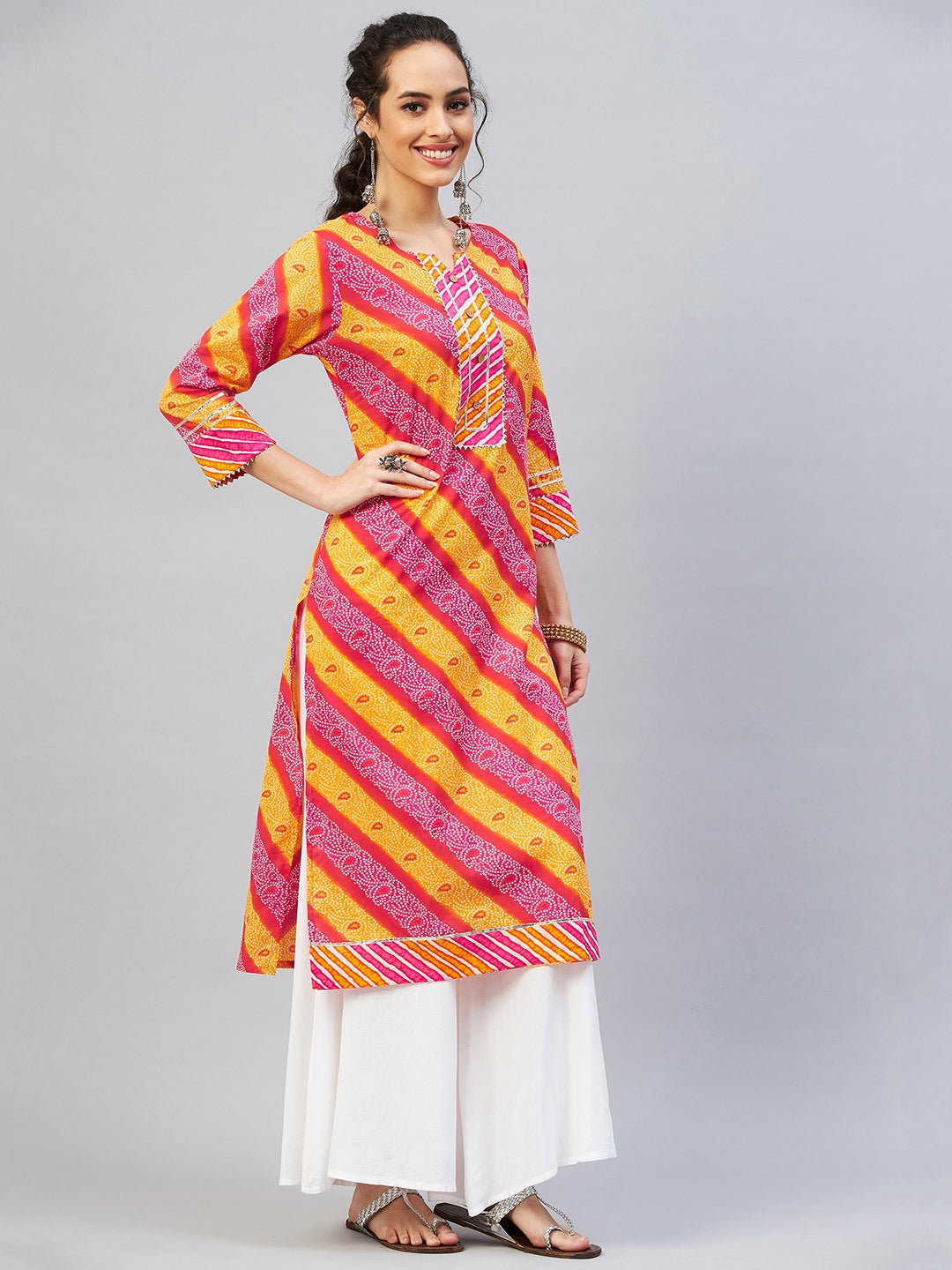 InWeave Women's Pink Mustard Lehriya Straight Kurta - Swadesiicart