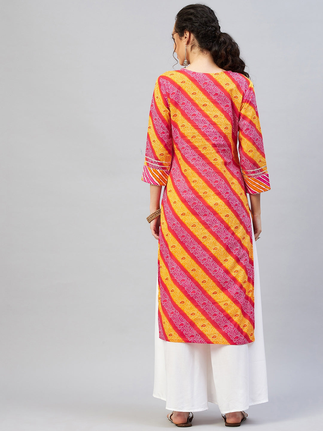 InWeave Women's Pink Mustard Lehriya Straight Kurta - Swadesiicart