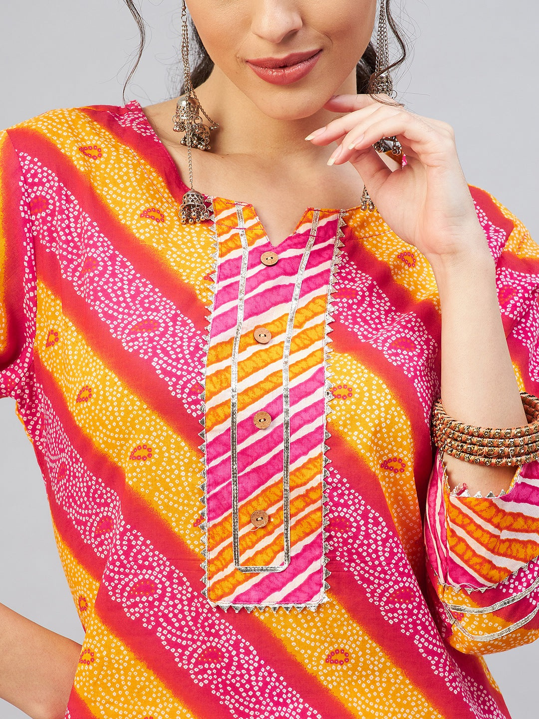 InWeave Women's Pink Mustard Lehriya Straight Kurta - Swadesiicart