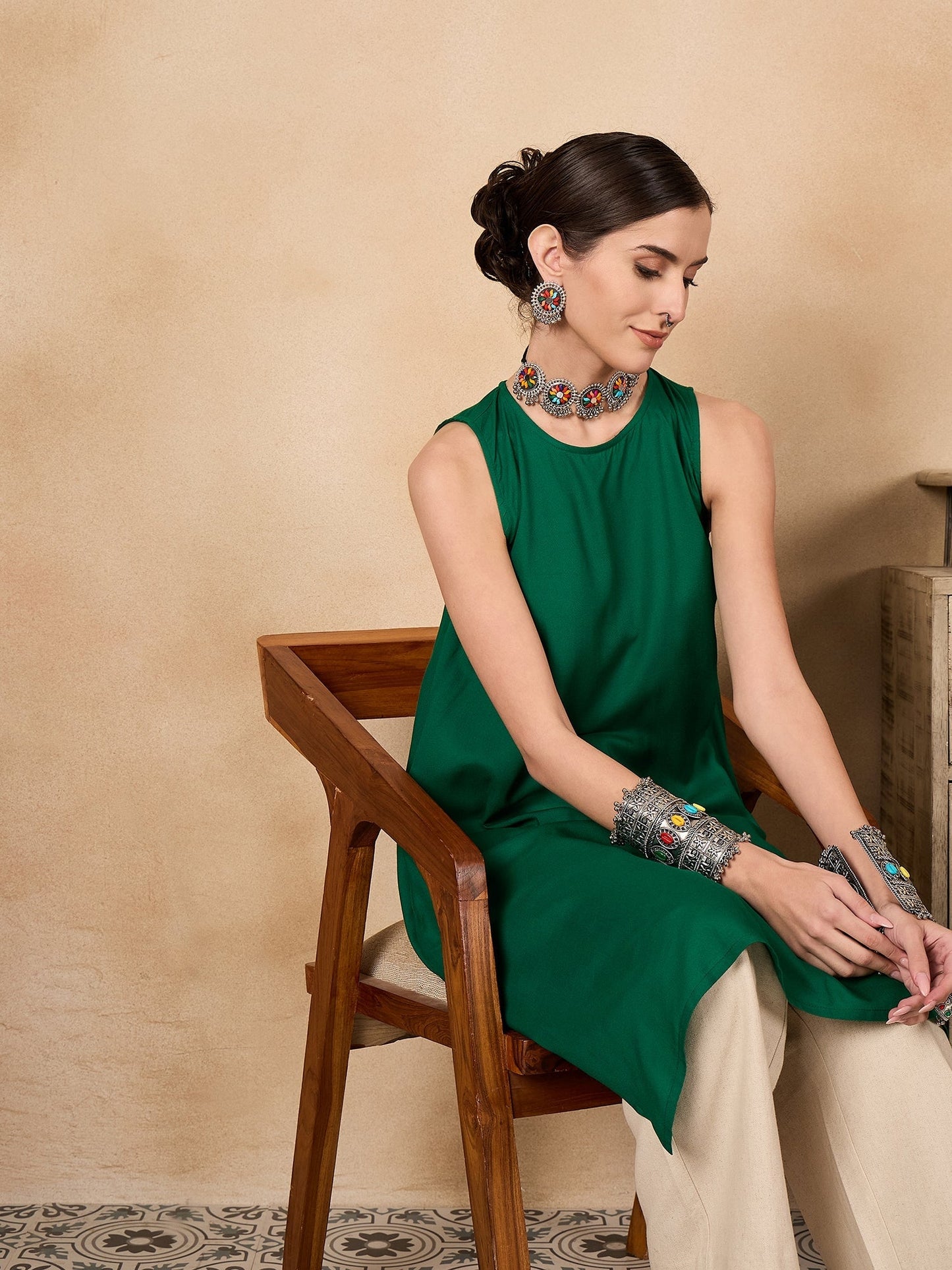 InWeave Forest Green Short Kurta - Swadesiicart