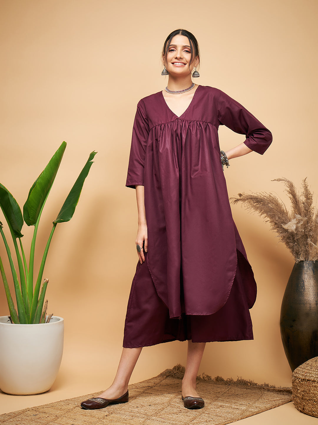 InWeave Wine Solid Flared Kurta - Swadesiicart