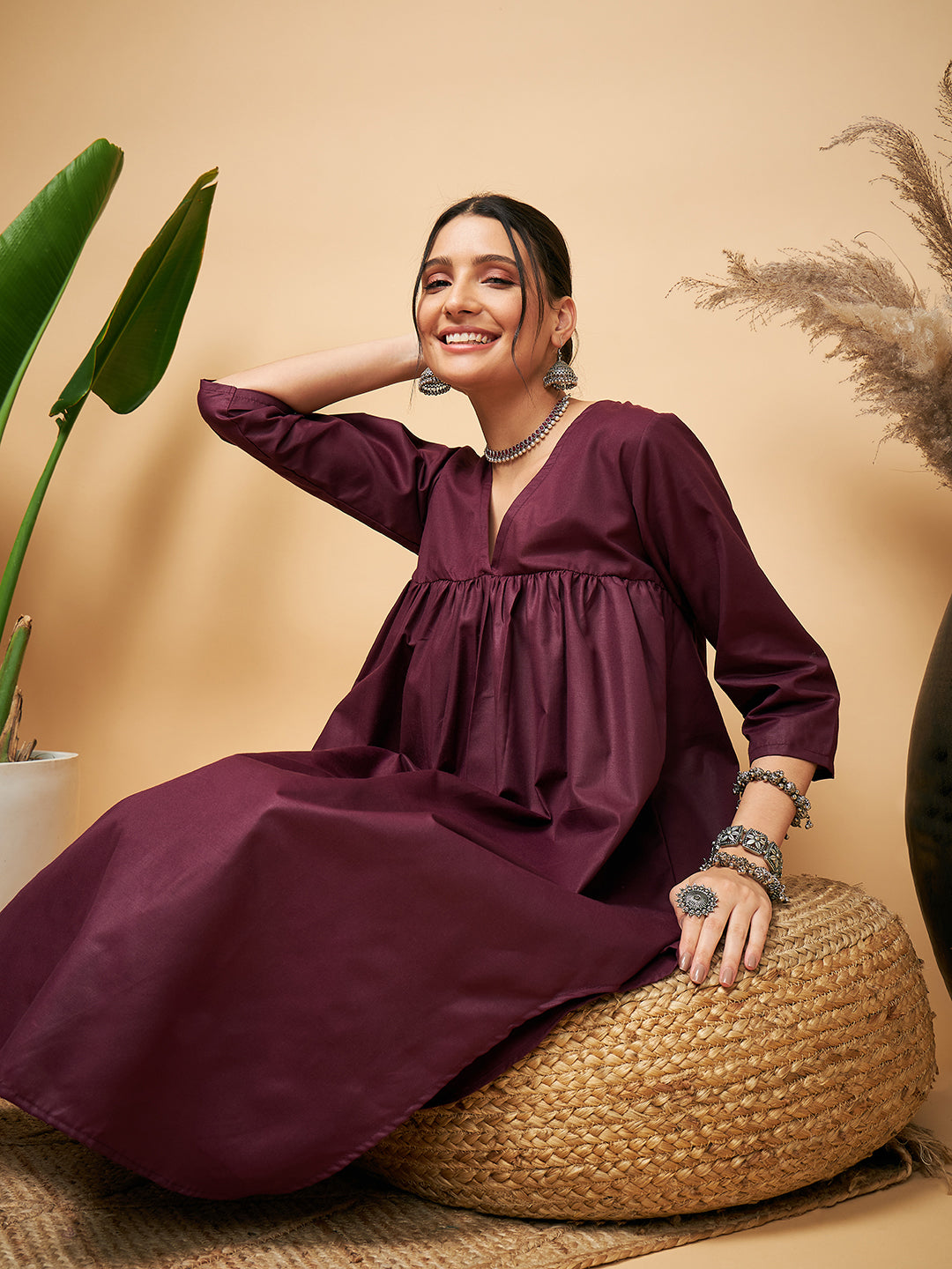 InWeave Wine Solid Flared Kurta - Swadesiicart