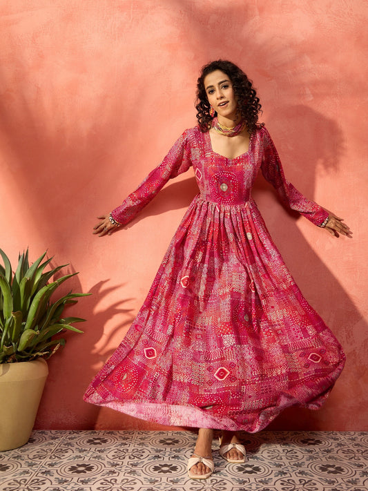 InWeave Fuchsia Sweetheart Neck Anarkali Kurta - Swadesiicart