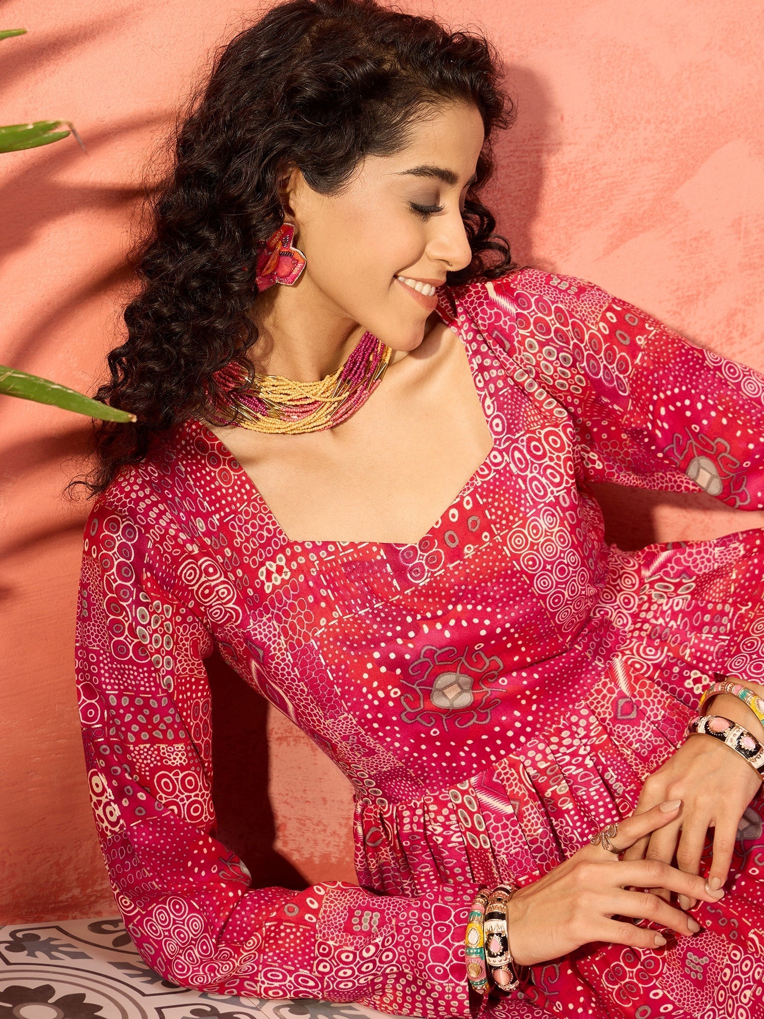 InWeave Fuchsia Sweetheart Neck Anarkali Kurta - Swadesiicart