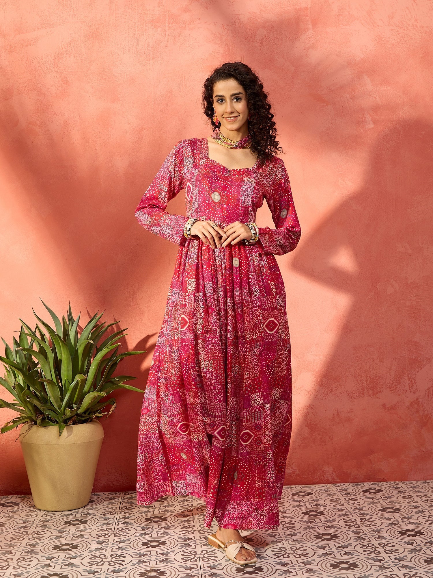 InWeave Fuchsia Sweetheart Neck Anarkali Kurta - Swadesiicart