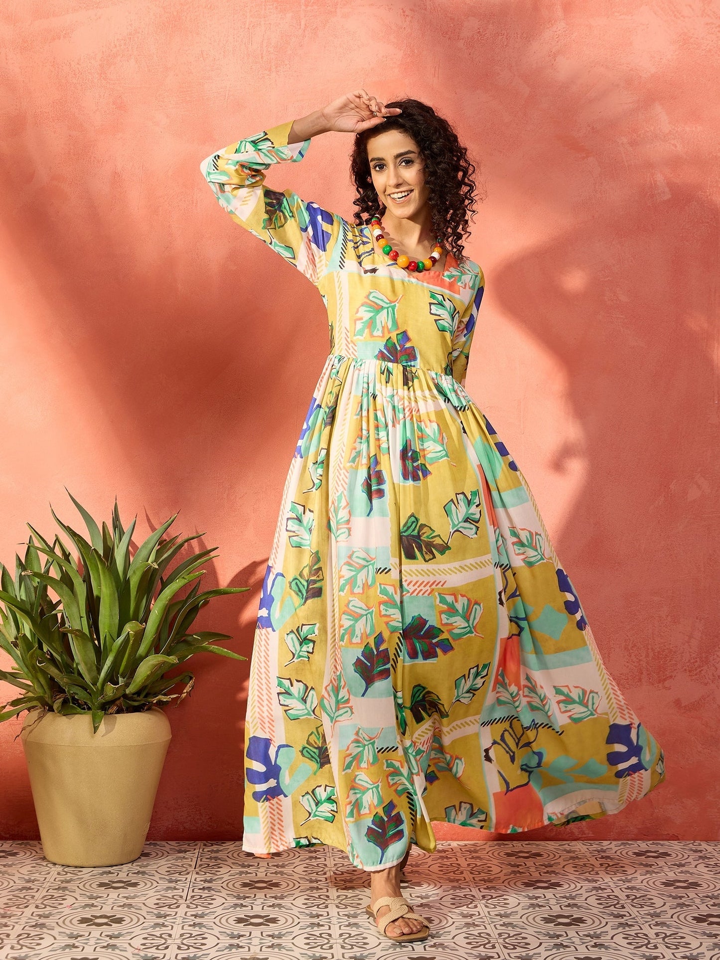 InWeave Lime Green Leaf Sweetheart Neck Long Anarkali Kurta - Swadesiicart