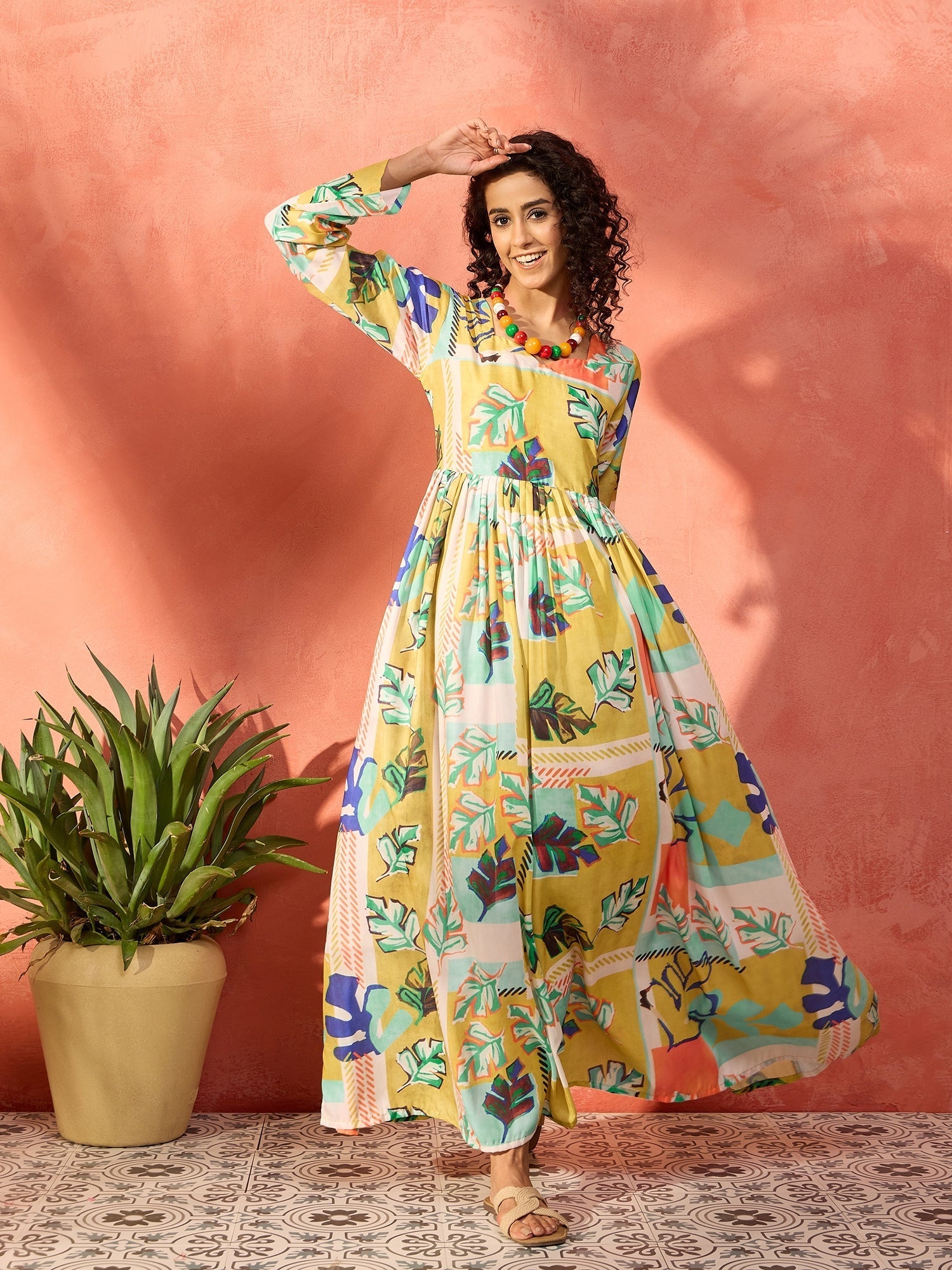 InWeave Lime Green Leaf Sweetheart Neck Long Anarkali Kurta - Swadesiicart