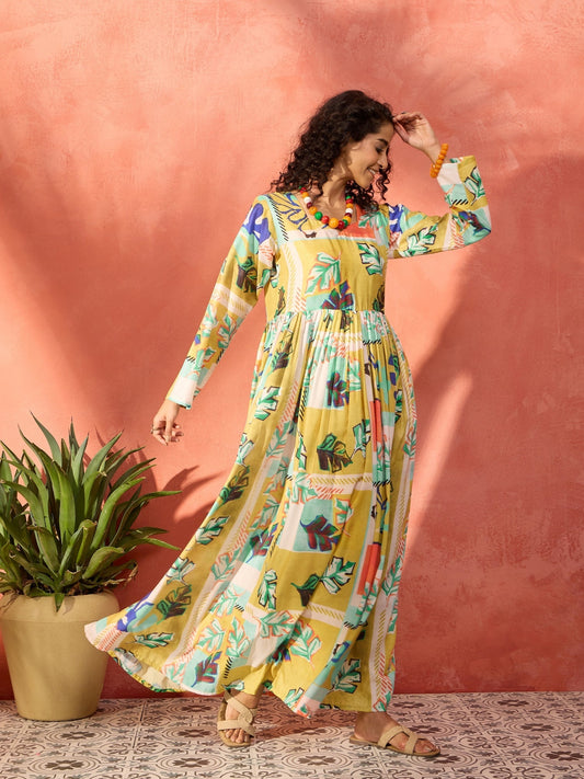 InWeave Lime Green Leaf Sweetheart Neck Long Anarkali Kurta - Swadesiicart