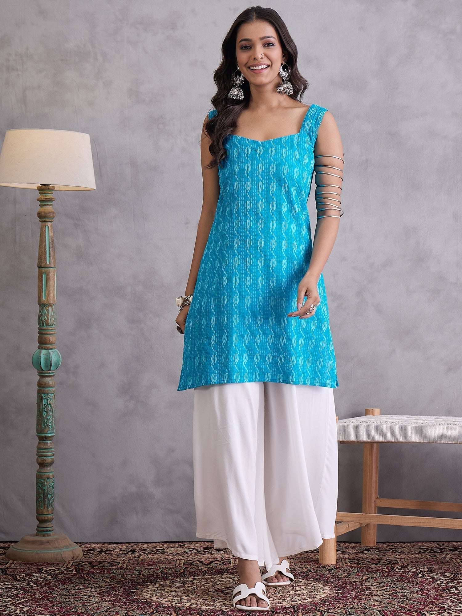 InWeave Cyan Blue Ikkat Kantha Kurta - Swadesiicart