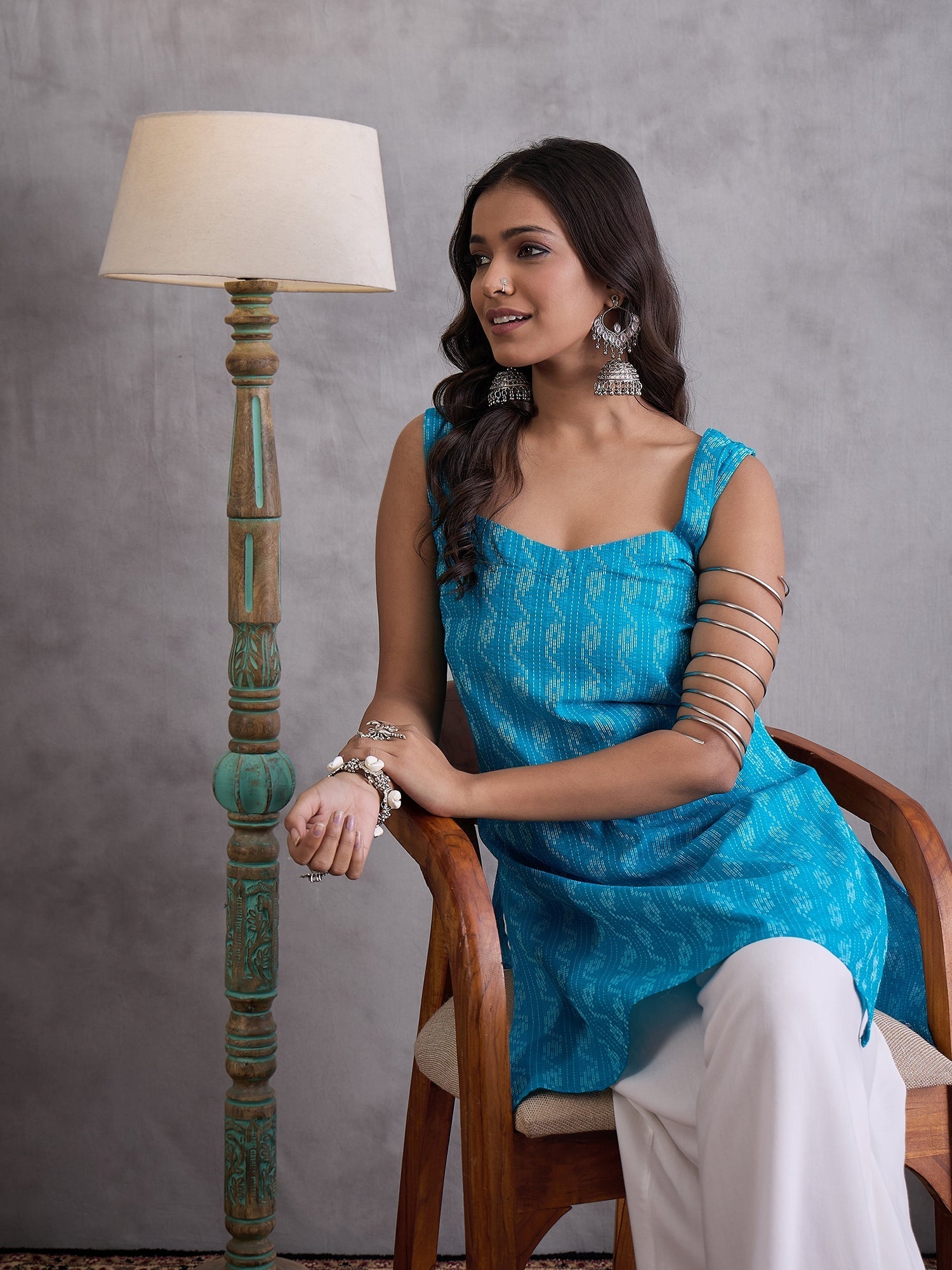 InWeave Cyan Blue Ikkat Kantha Kurta - Swadesiicart