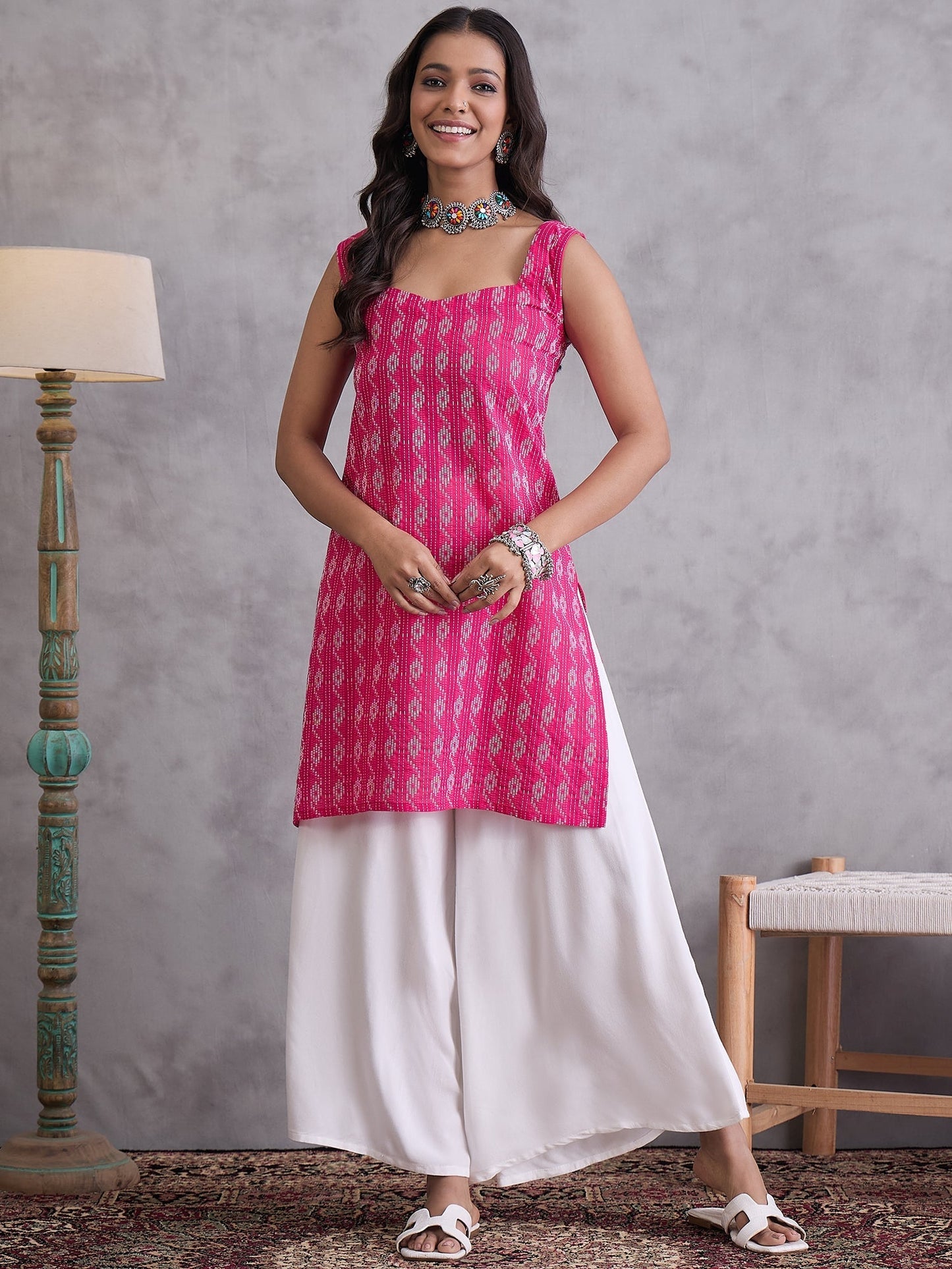 InWeave Fuchsia Ikkat Kantha Kurta - Swadesiicart