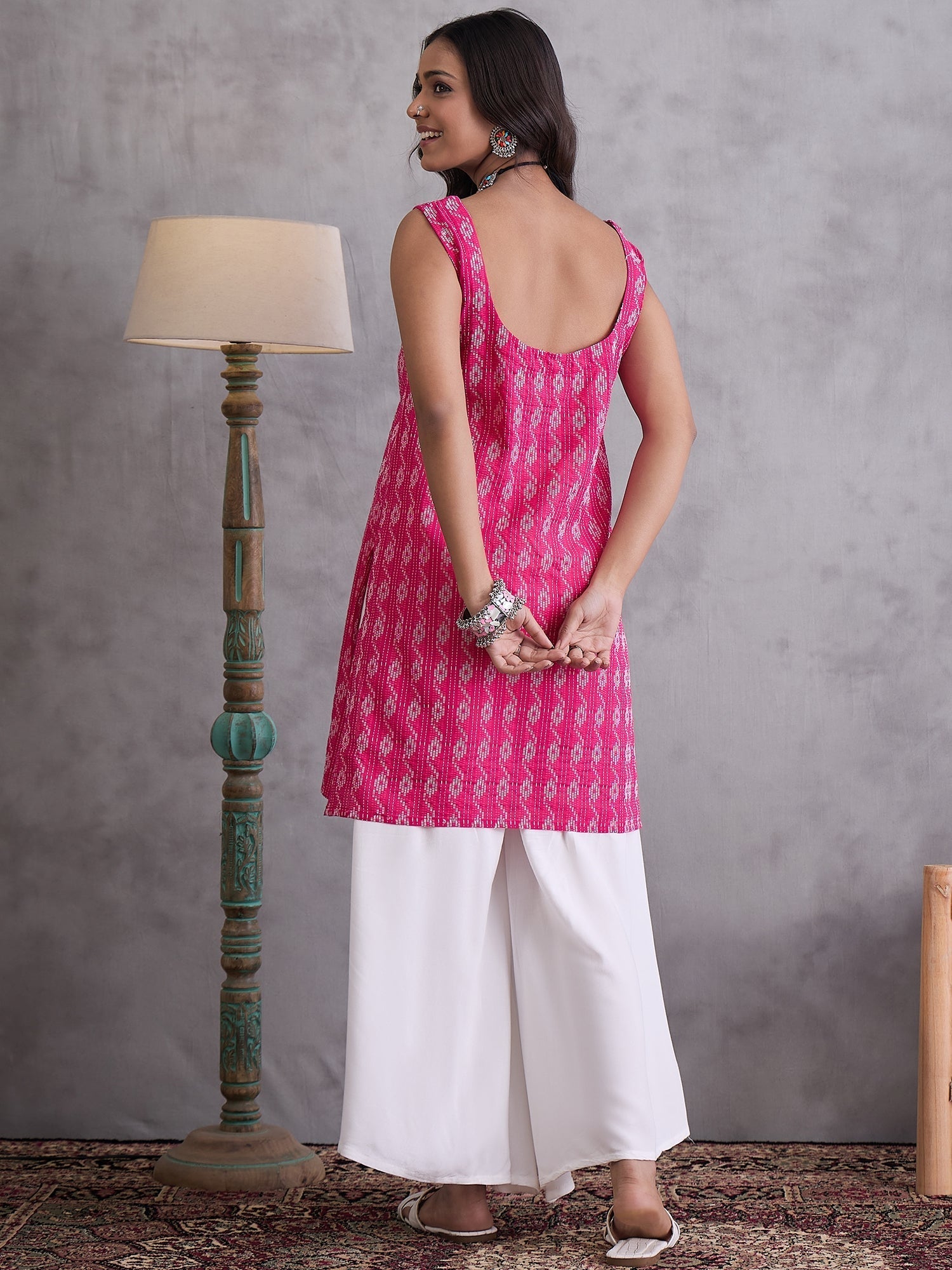 InWeave Fuchsia Ikkat Kantha Kurta - Swadesiicart