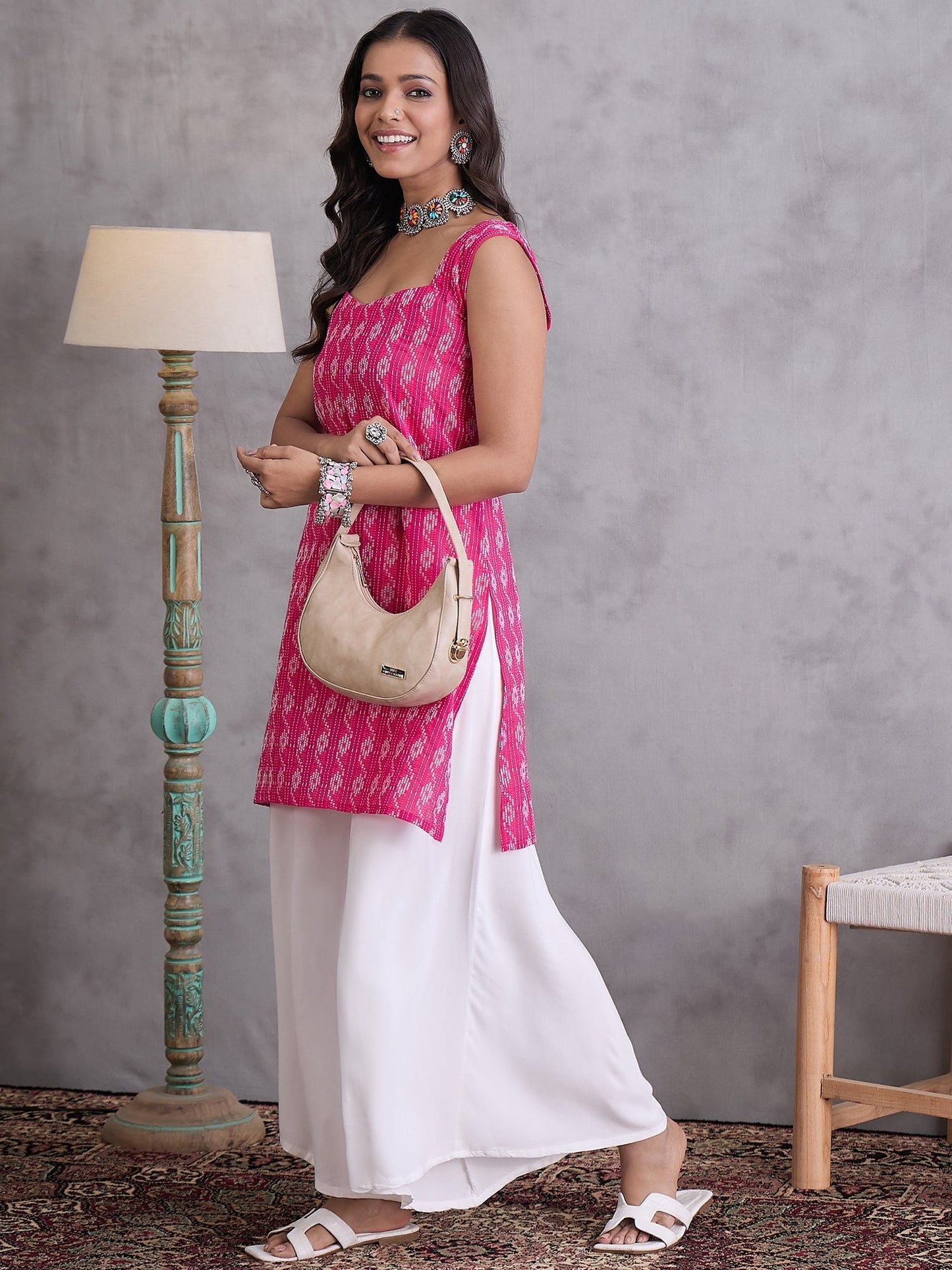 InWeave Fuchsia Ikkat Kantha Kurta - Swadesiicart