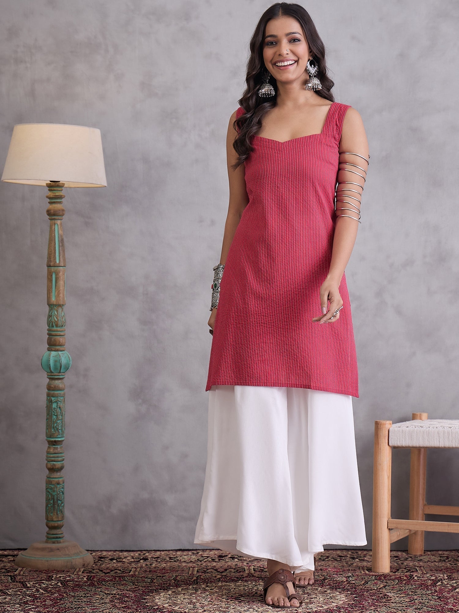 InWeave Maroon Kantha Striped Kurta - Swadesiicart