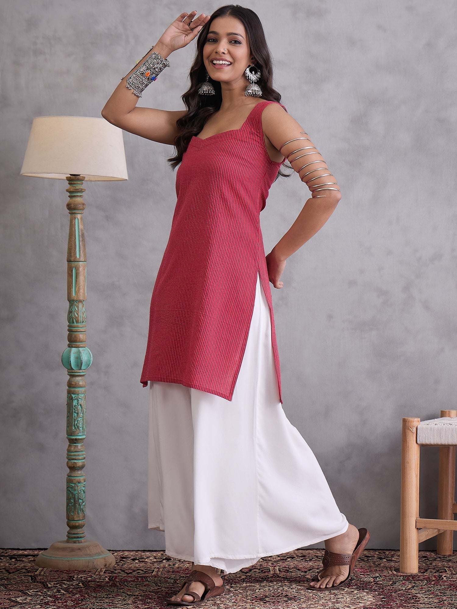 InWeave Maroon Kantha Striped Kurta - Swadesiicart