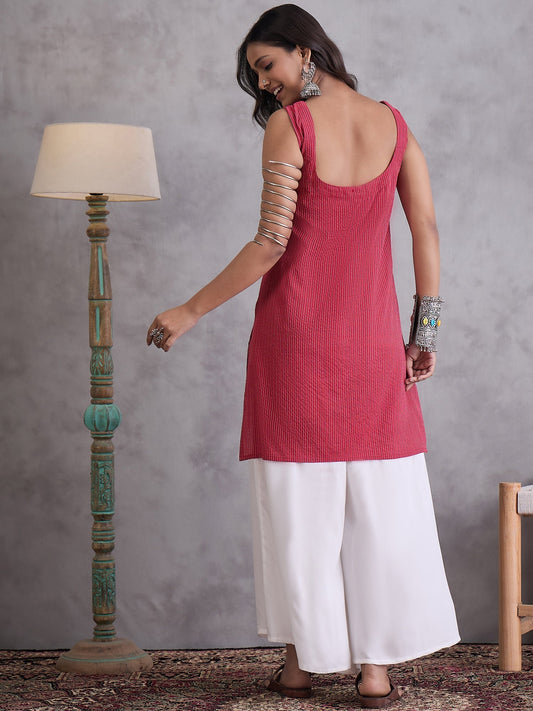 InWeave Maroon Kantha Striped Kurta - Swadesiicart