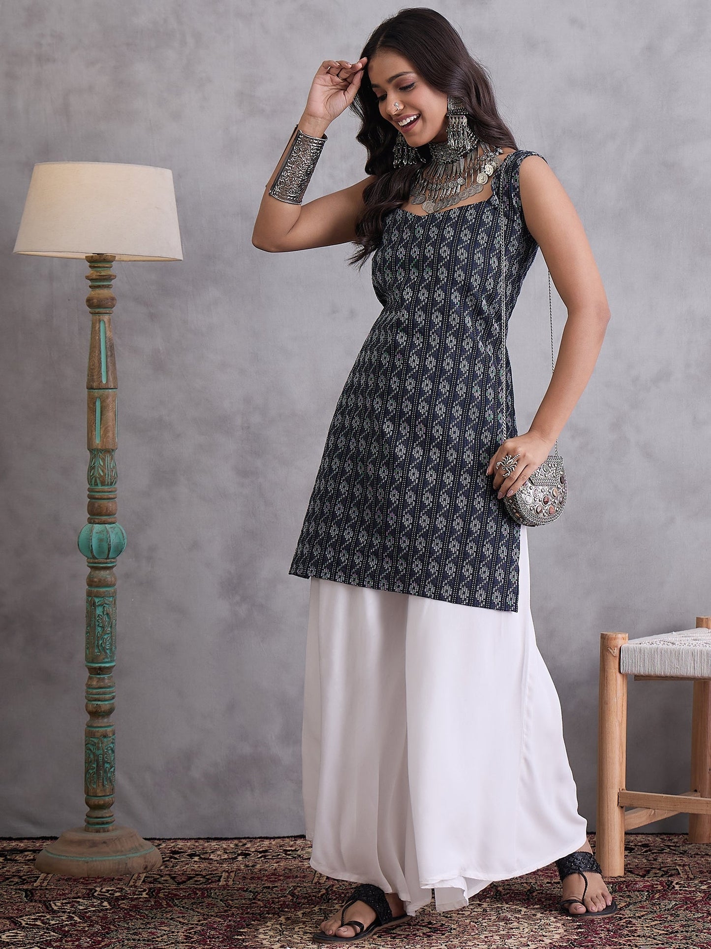 InWeave Black Ikkat Kantha Kurta - Swadesiicart