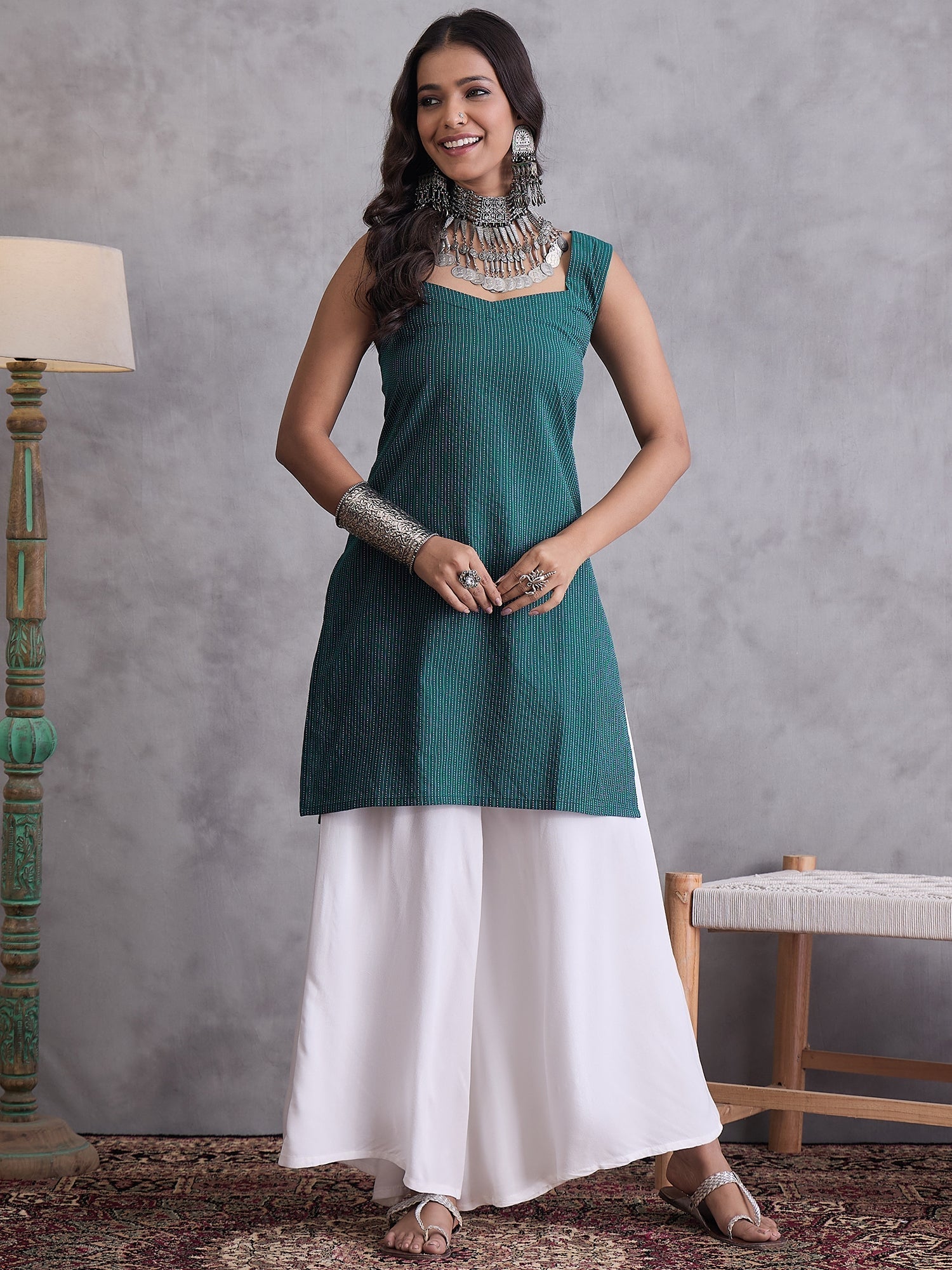 InWeave Emerald Green Kantha Striped Kurta - Swadesiicart