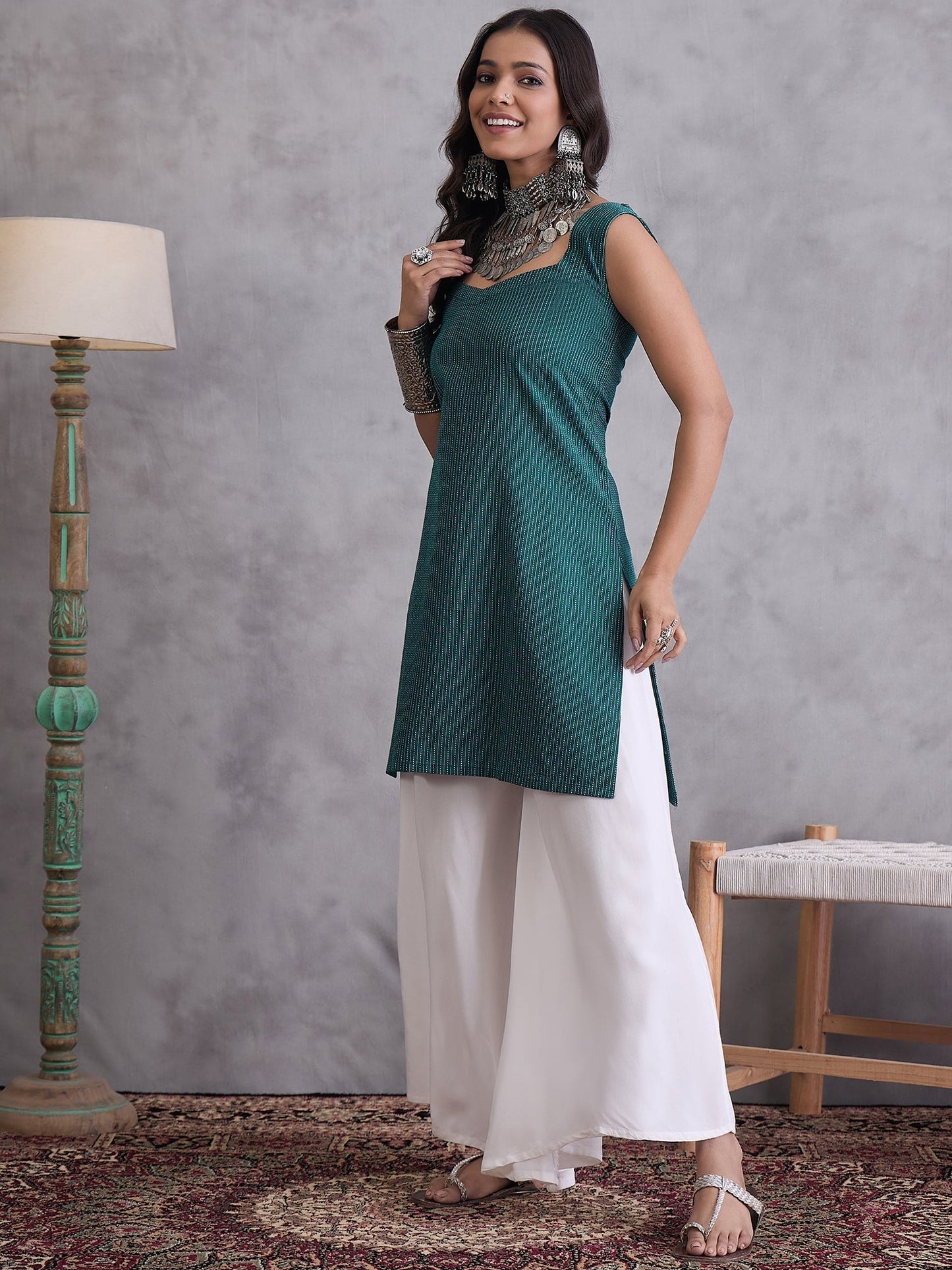 InWeave Emerald Green Kantha Striped Kurta - Swadesiicart