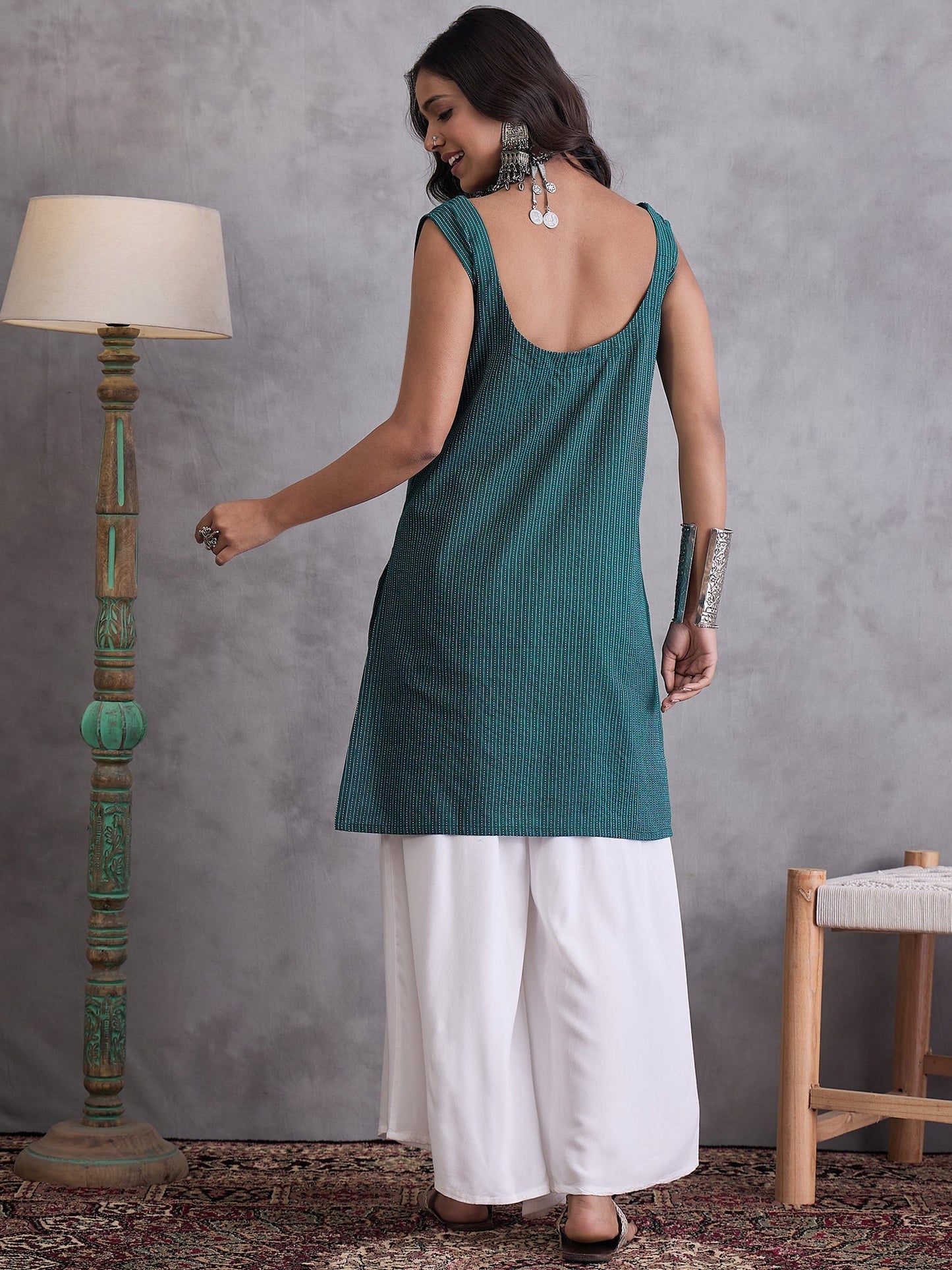InWeave Emerald Green Kantha Striped Kurta - Swadesiicart