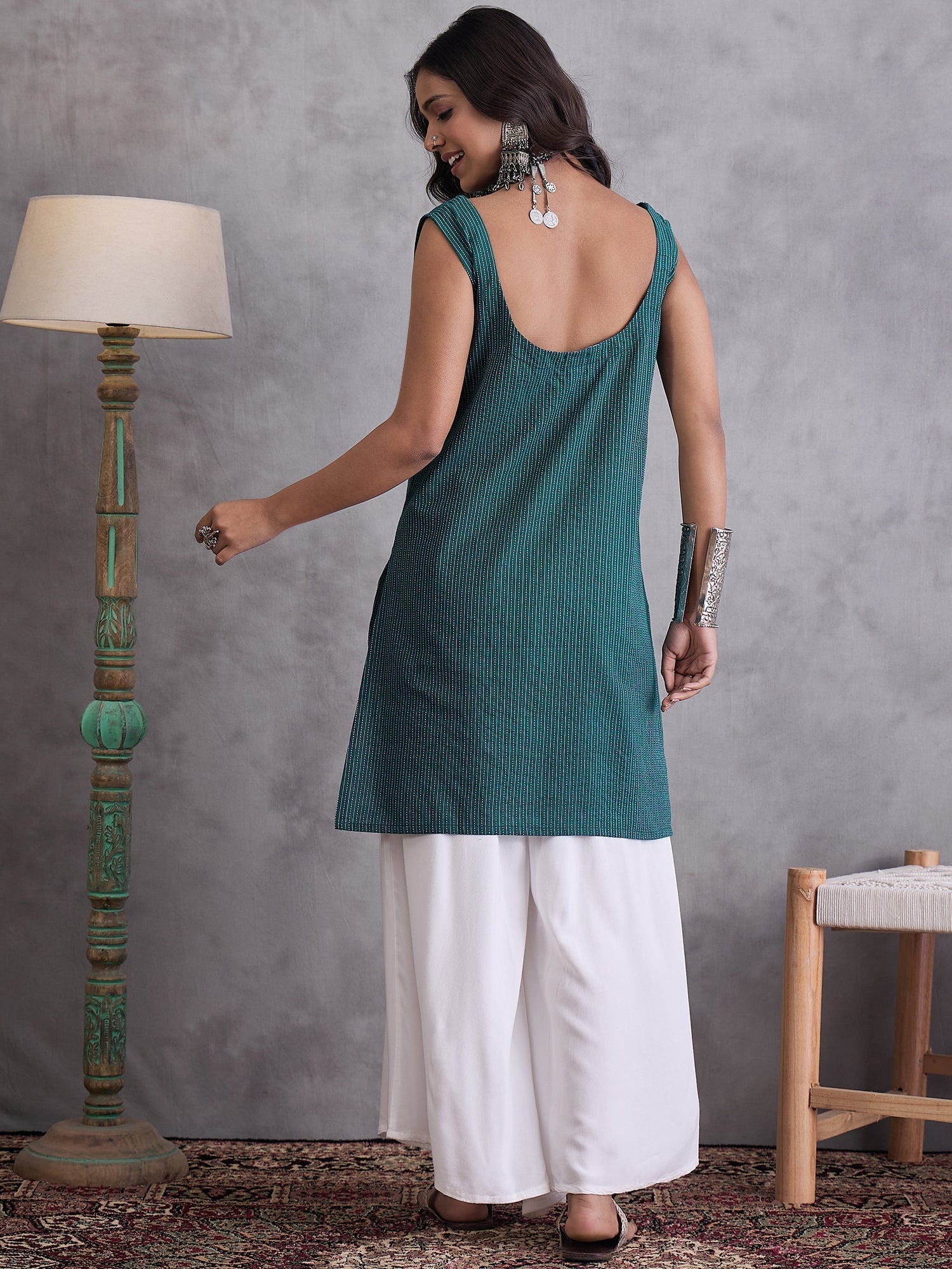 InWeave Emerald Green Kantha Striped Kurta - Swadesiicart