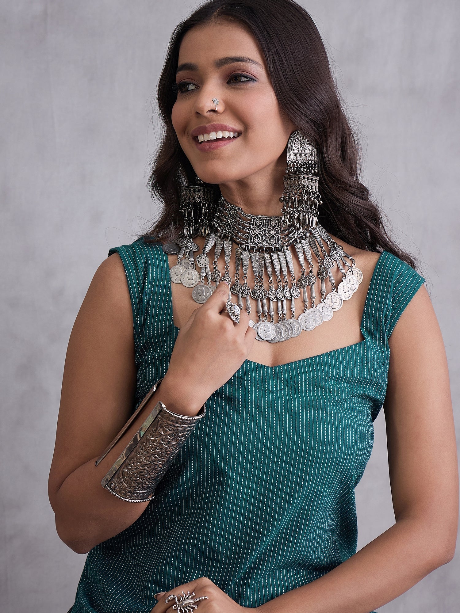 InWeave Emerald Green Kantha Striped Kurta - Swadesiicart