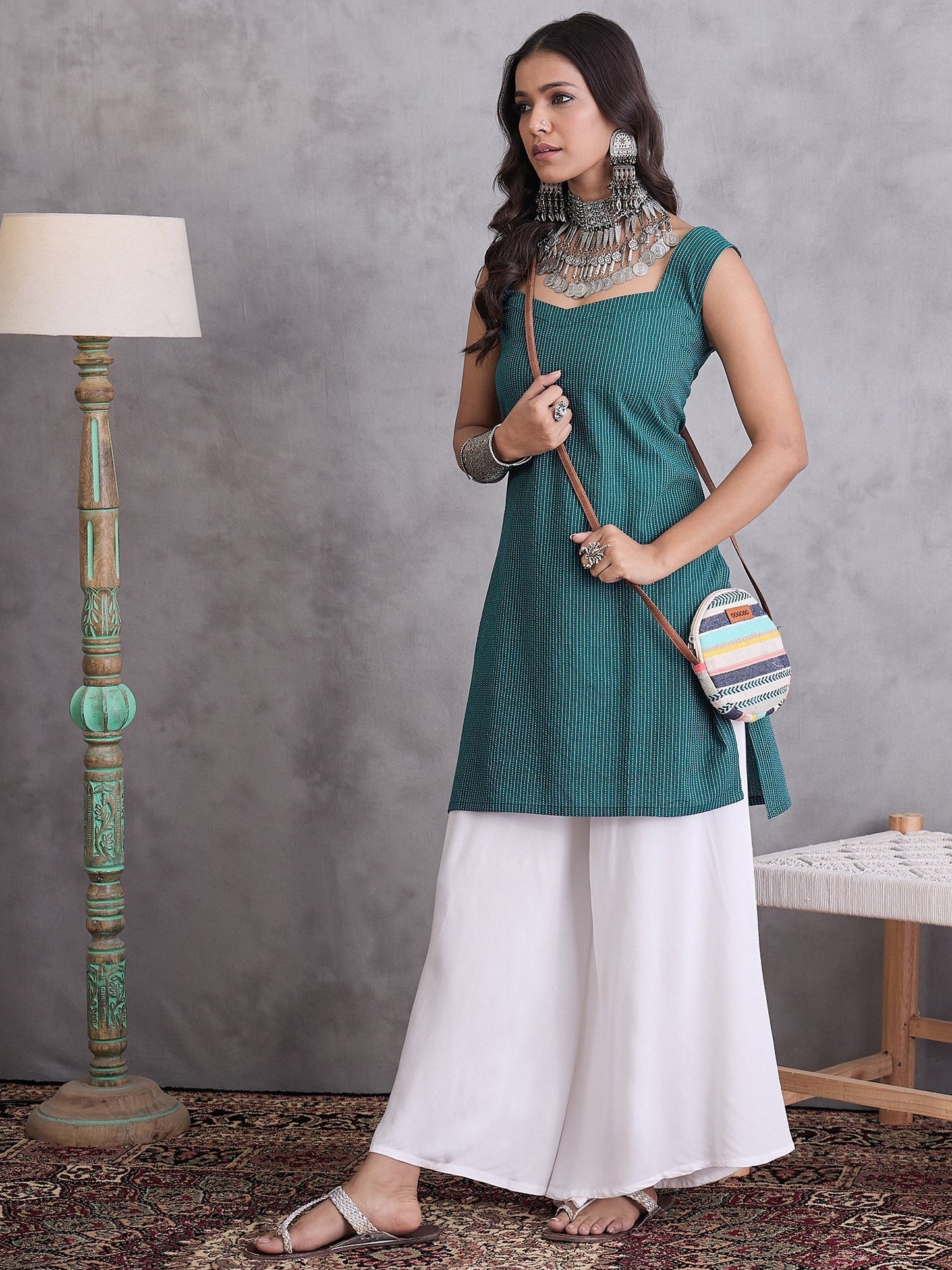 InWeave Emerald Green Kantha Striped Kurta - Swadesiicart