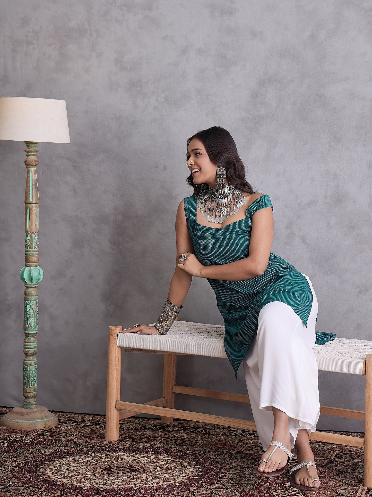 InWeave Emerald Green Kantha Striped Kurta - Swadesiicart