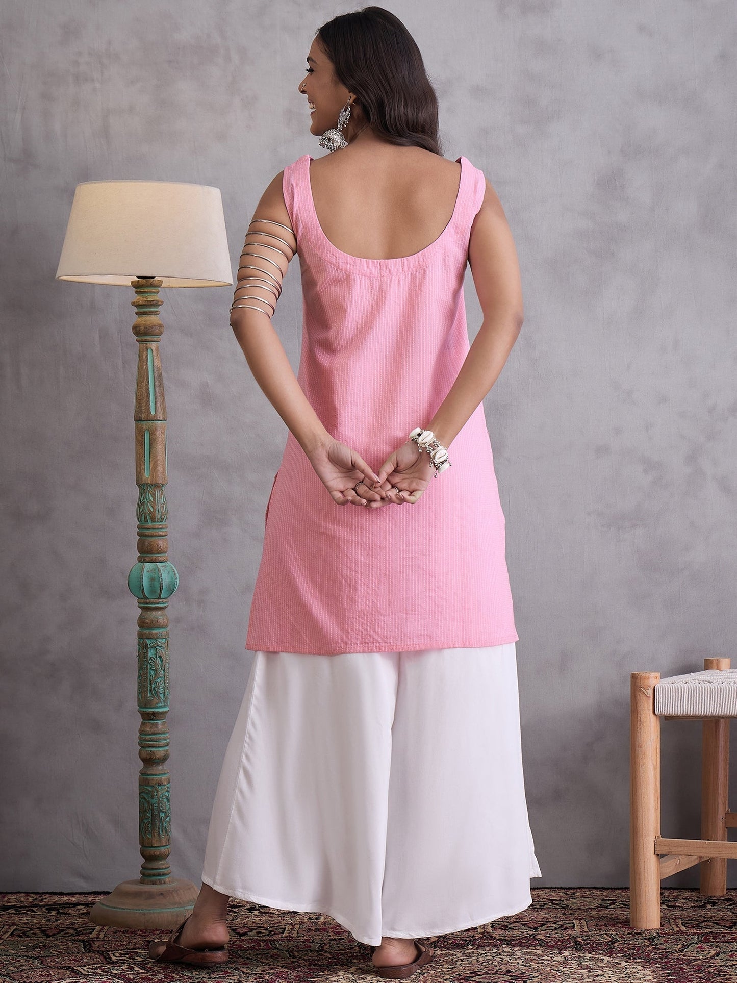 InWeave Pink Kantha Striped Kurta - Swadesiicart