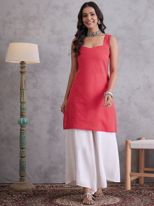 InWeave Red Kantha Striped Kurta - Swadesiicart