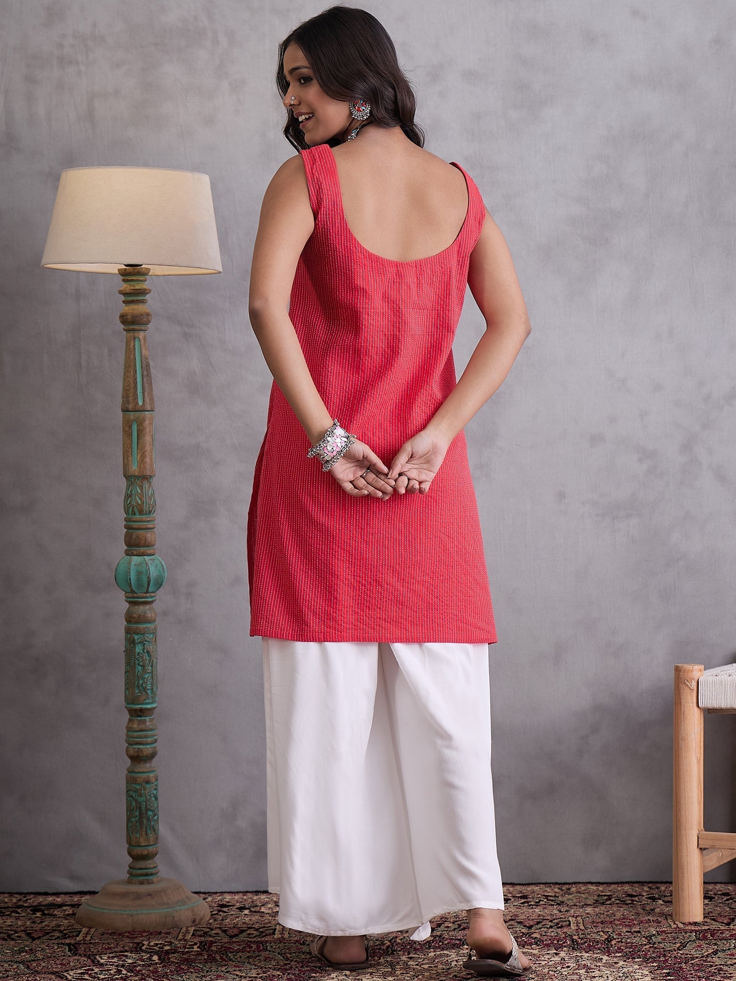 InWeave Red Kantha Striped Kurta - Swadesiicart