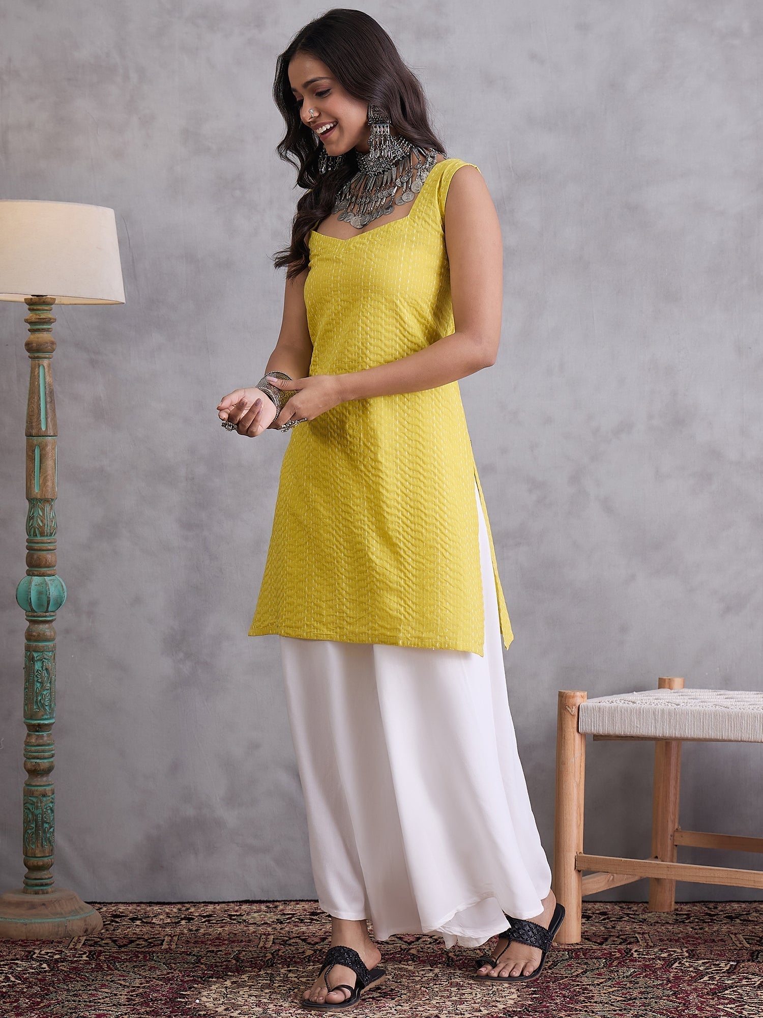 InWeave Yellow Kantha Kurta - Swadesiicart