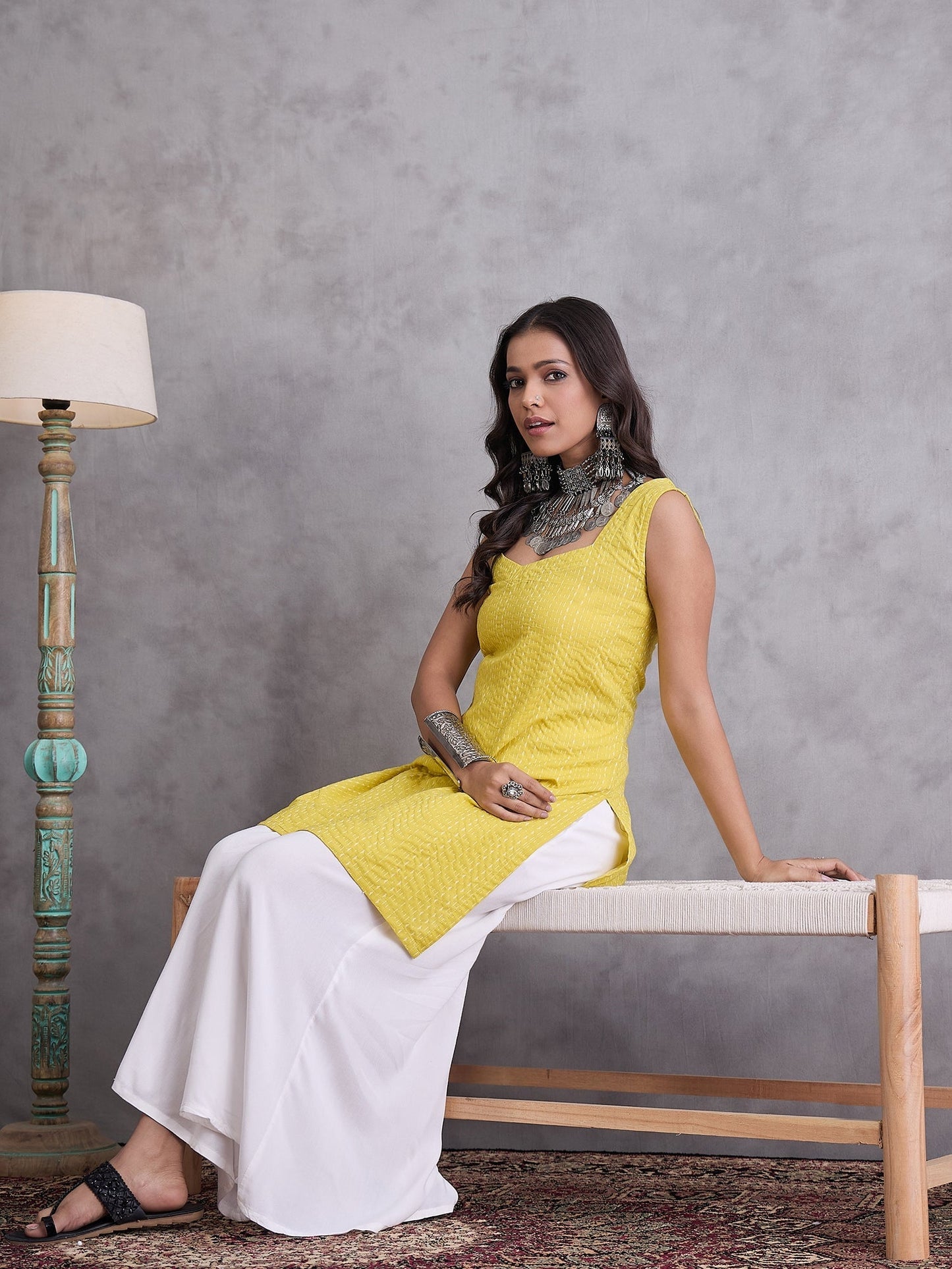 InWeave Yellow Kantha Kurta - Swadesiicart