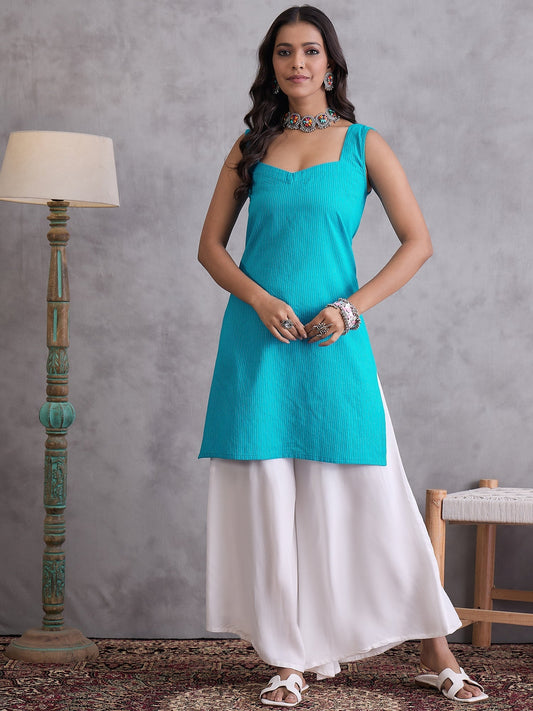 InWeave Cyan Blue Kantha Striped Kurta - Swadesiicart