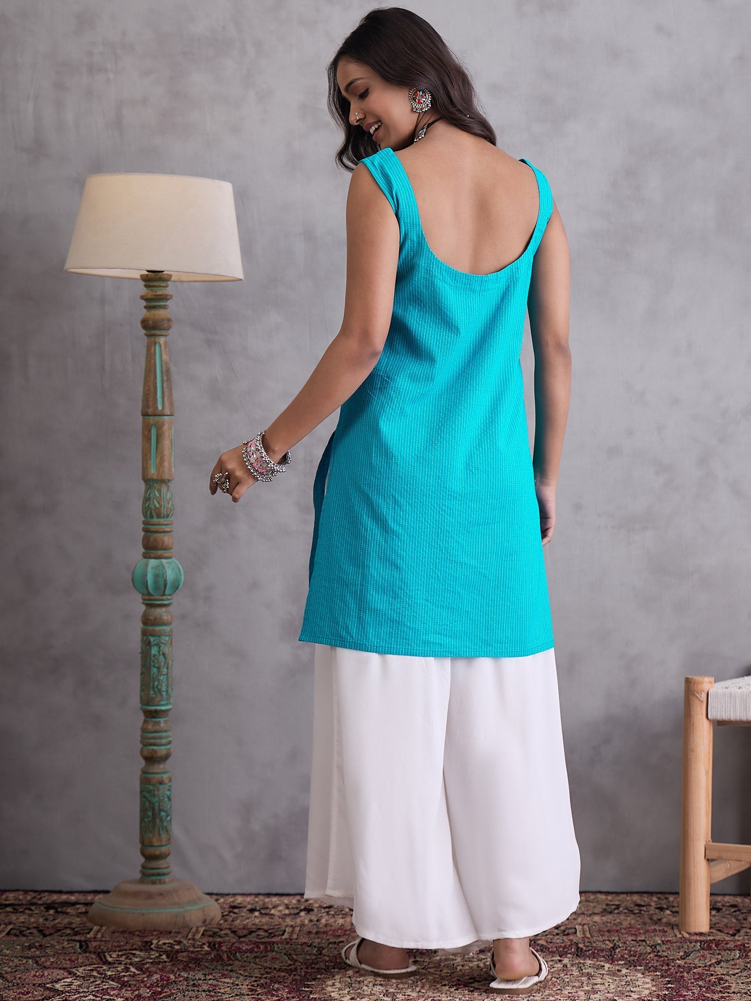 InWeave Cyan Blue Kantha Striped Kurta - Swadesiicart
