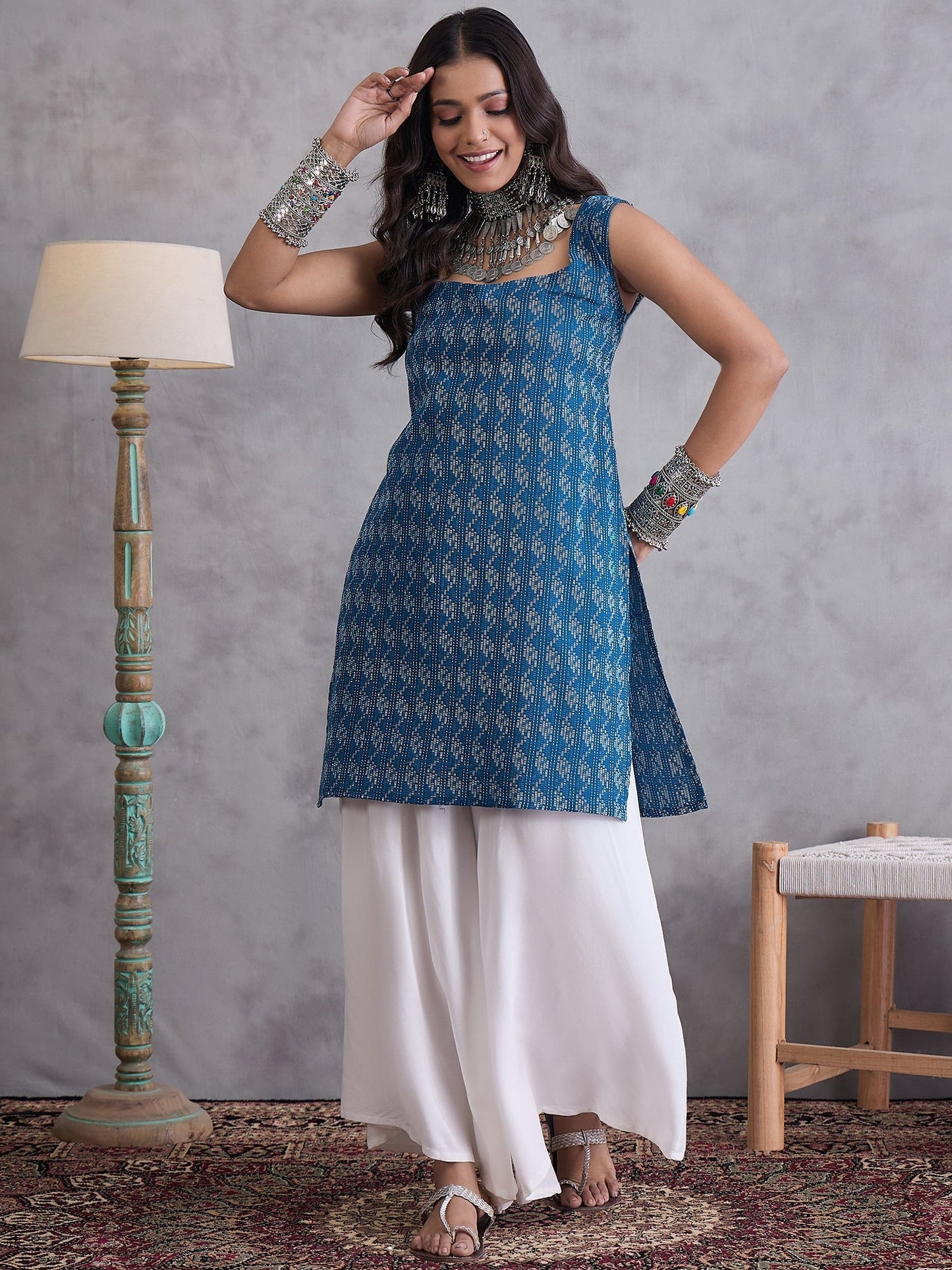 InWeave Blue Ikkat Kantha Kurta - Swadesiicart