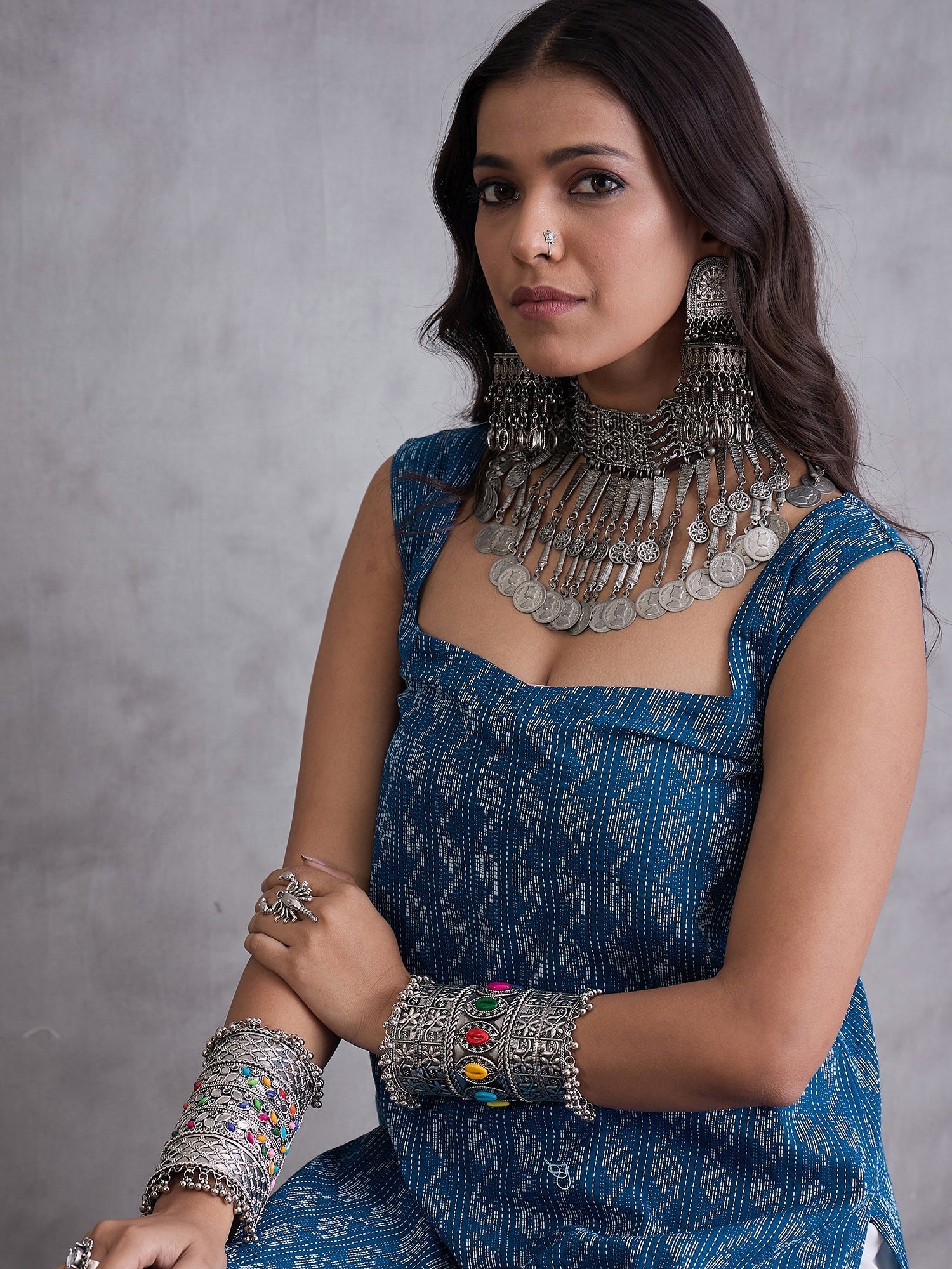 InWeave Blue Ikkat Kantha Kurta - Swadesiicart