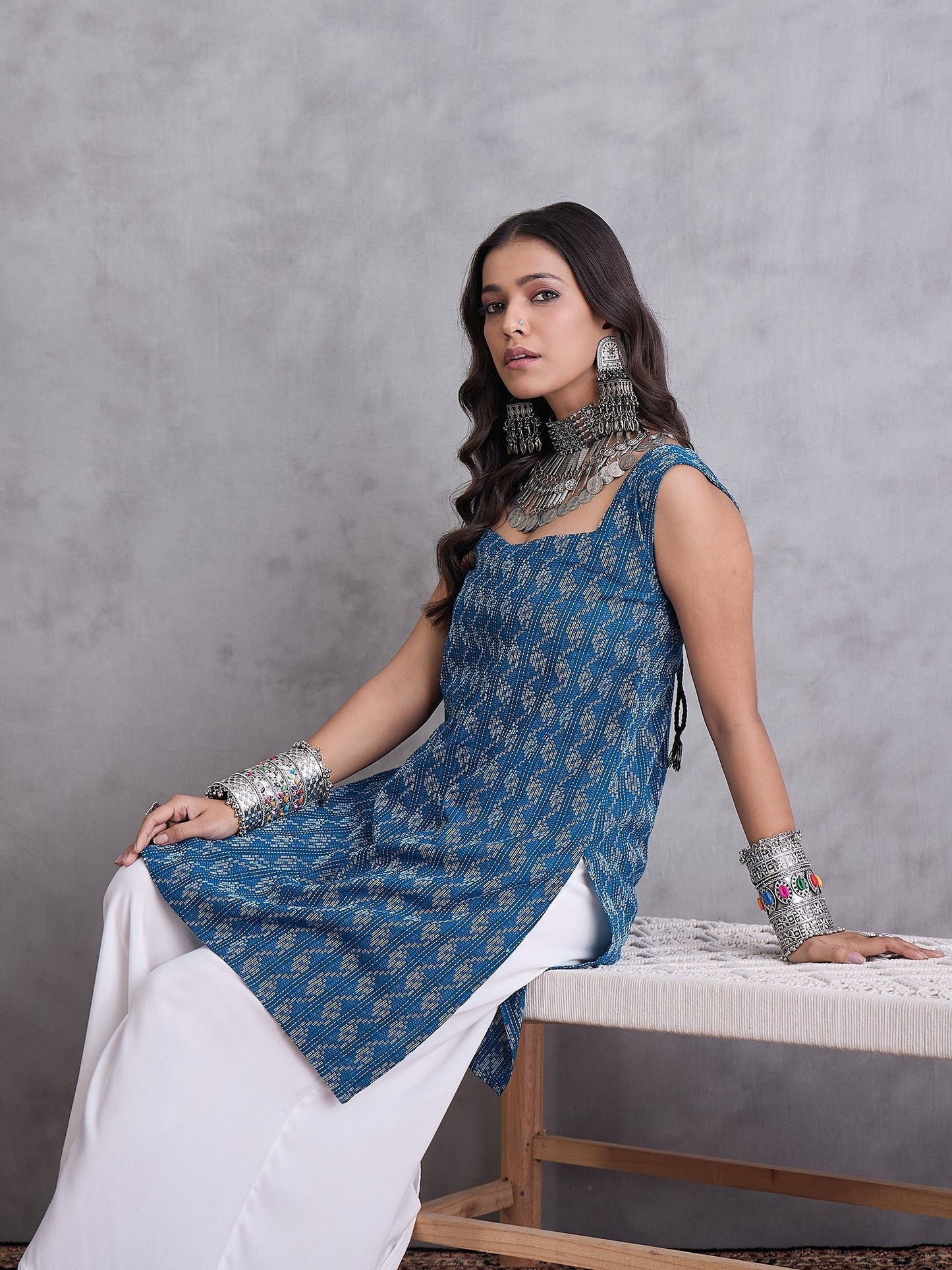 InWeave Blue Ikkat Kantha Kurta - Swadesiicart