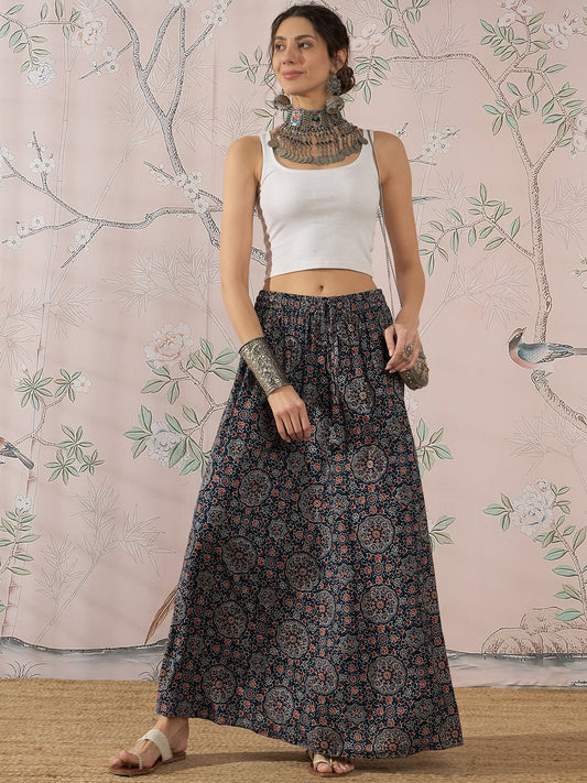 InWeave Navy Maroon Ajrakh Fr Skirt - Swadesiicart