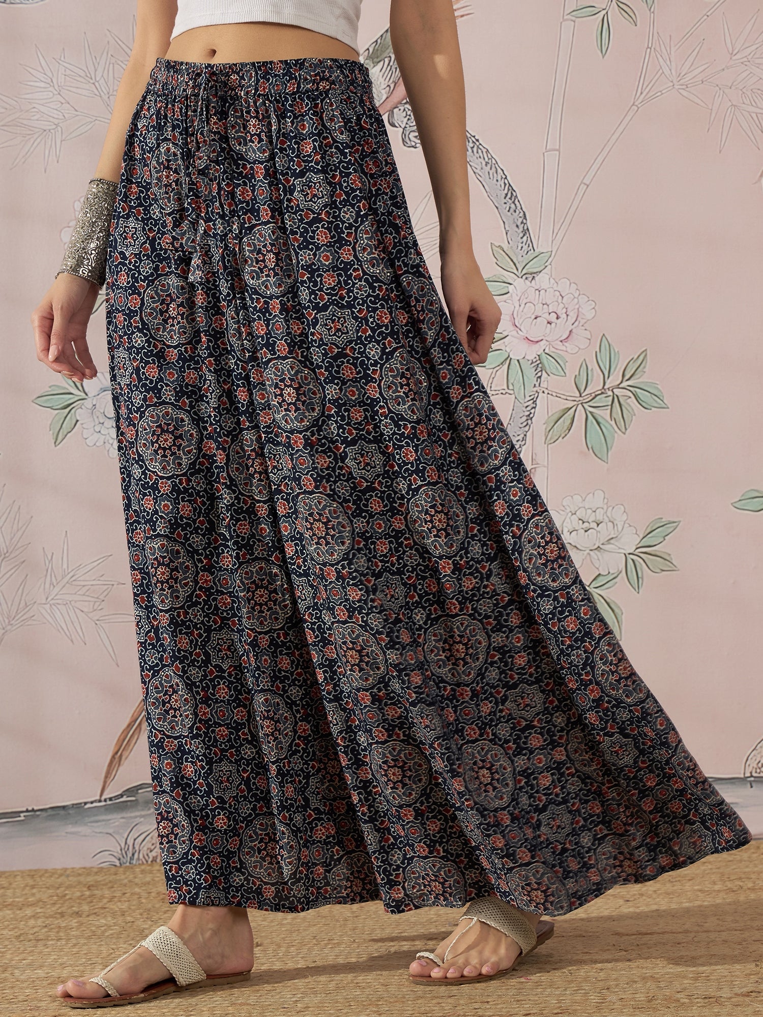 InWeave Navy Maroon Ajrakh Fr Skirt - Swadesiicart
