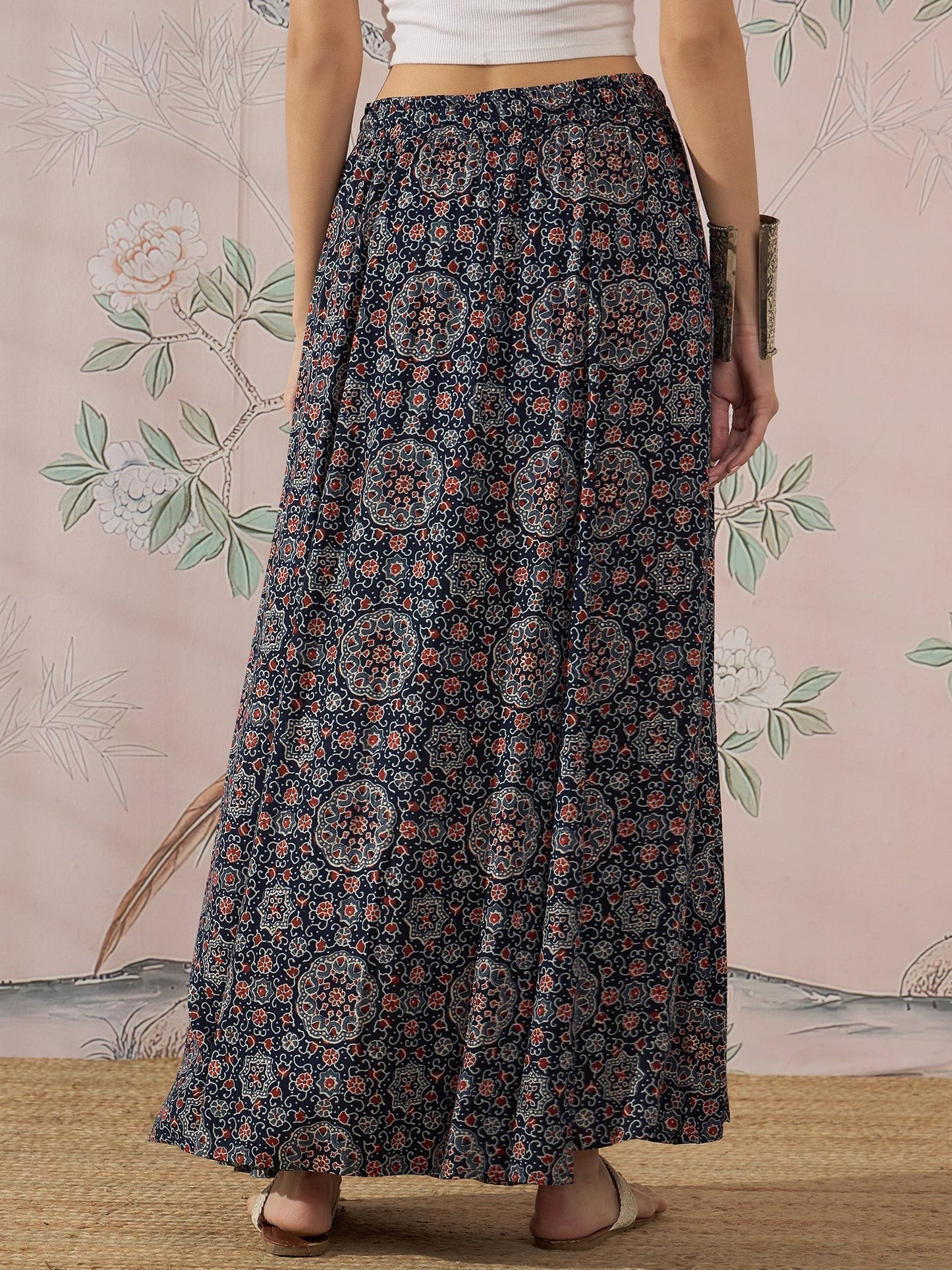 InWeave Navy Maroon Ajrakh Fr Skirt - Swadesiicart