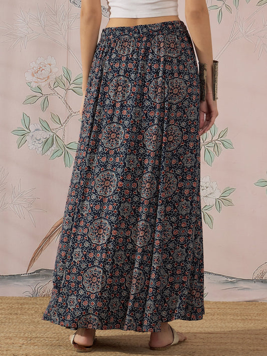 InWeave Navy Maroon Ajrakh Fr Skirt - Swadesiicart