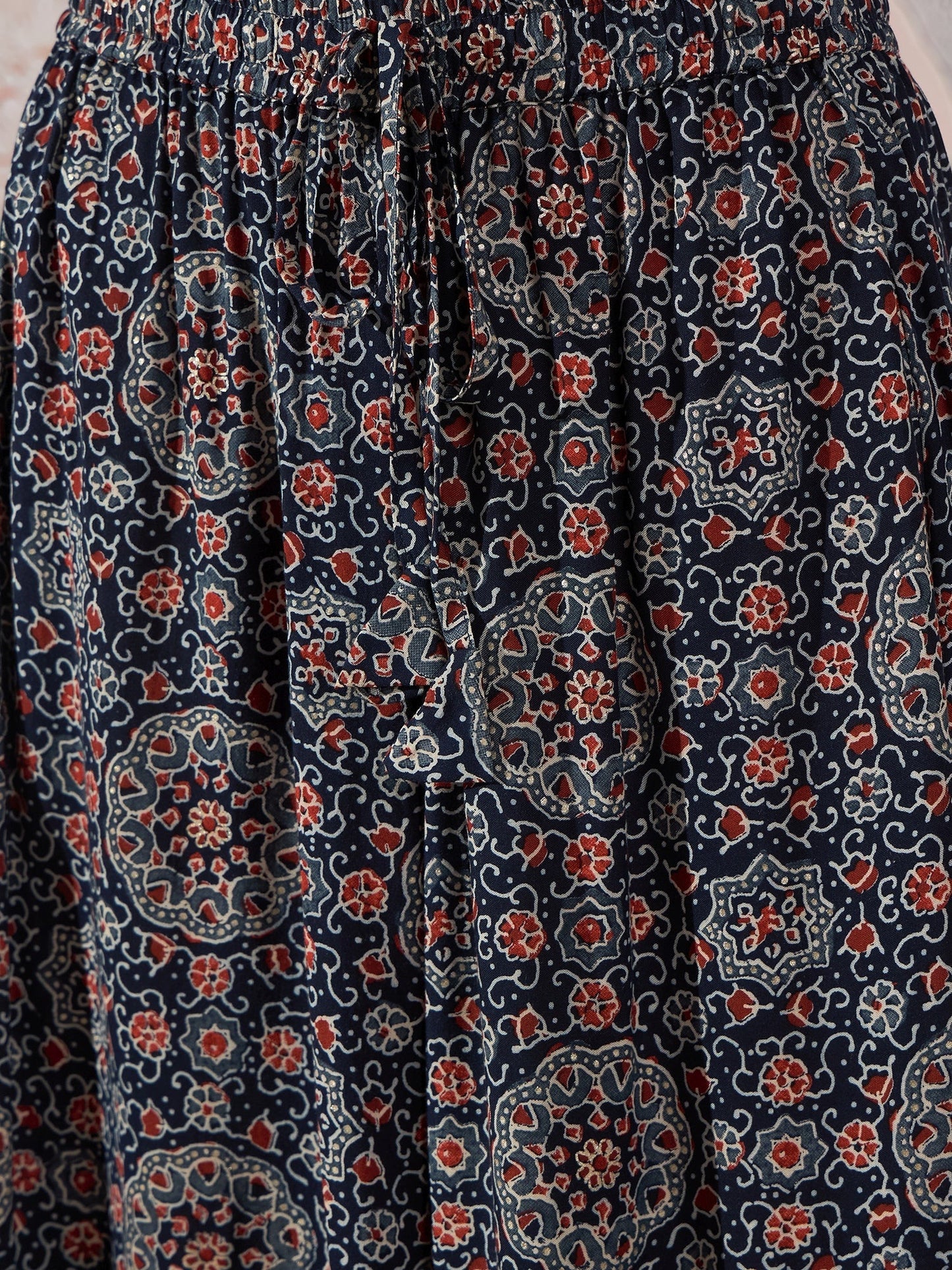 InWeave Navy Maroon Ajrakh Fr Skirt - Swadesiicart