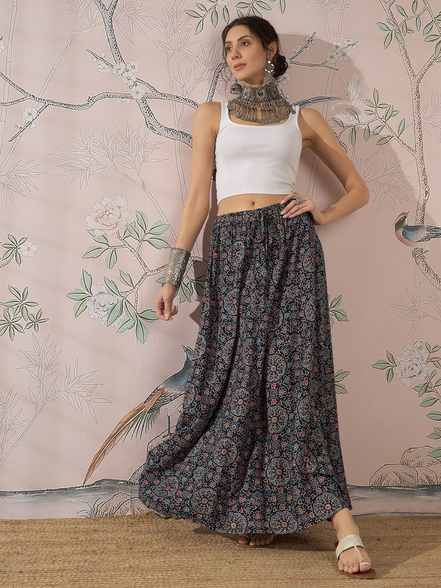 InWeave Navy Maroon Ajrakh Fr Skirt - Swadesiicart